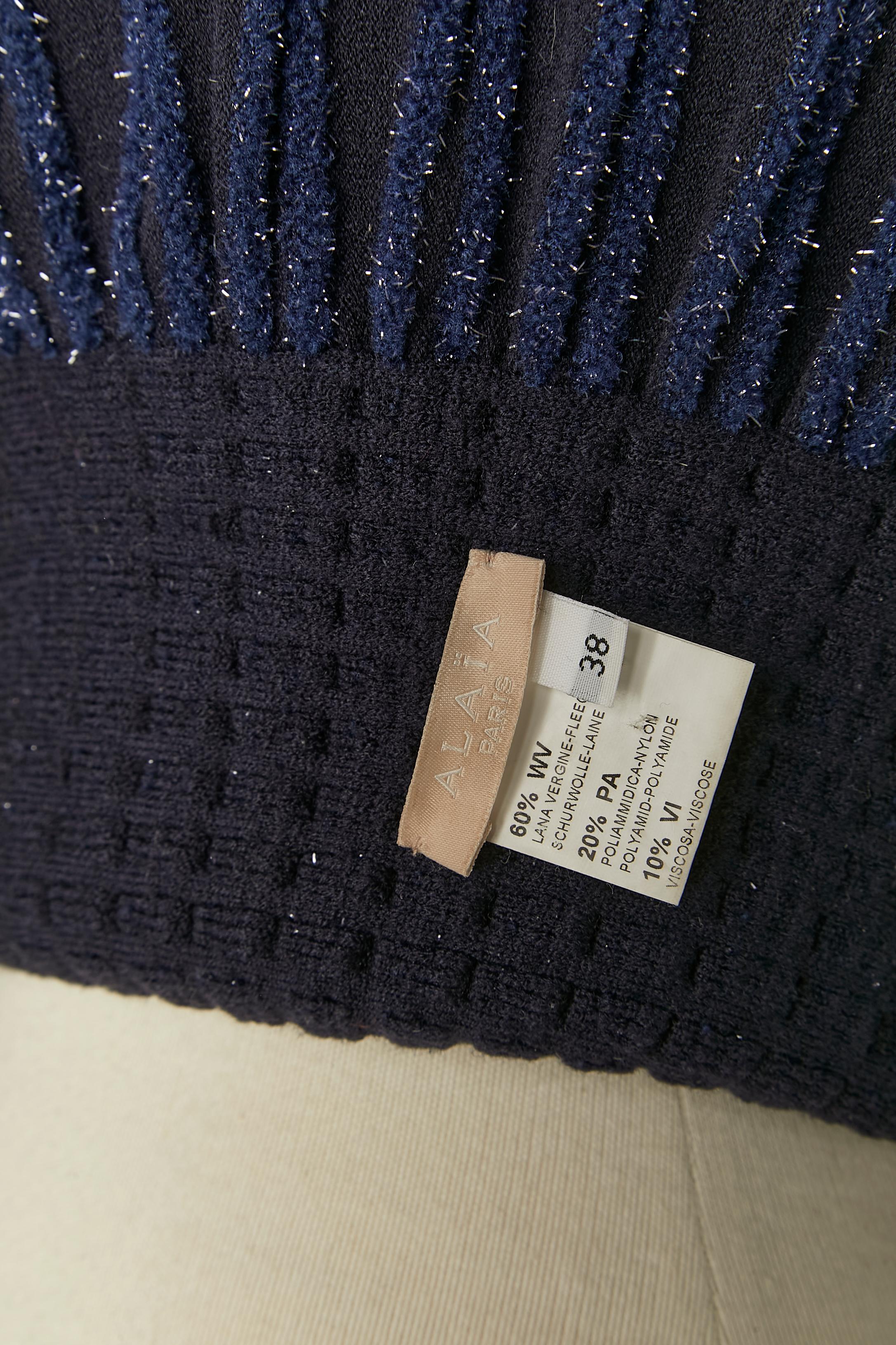 Navy blue knit and lurex threads sleeveless see-through cocktail dress ALAÏA 3