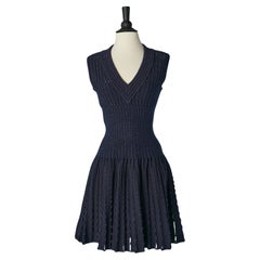 Marineblaues ärmelloses, durchsichtiges Cocktailkleid aus Strick und Lurexfäden ALAÏA