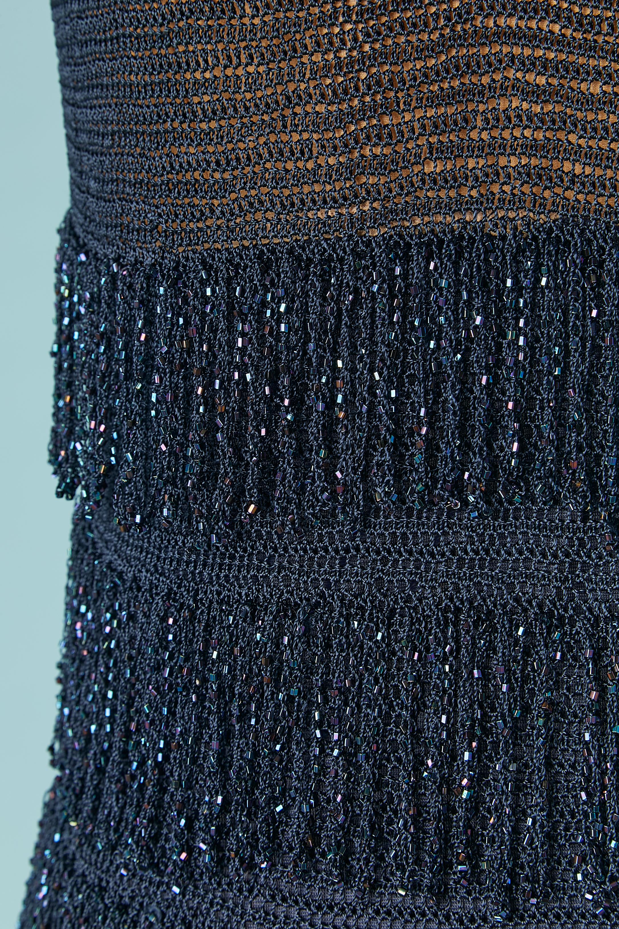 Black Navy blue knit cocktail dress with beaded fringes embellishment Ritmo di Perla For Sale
