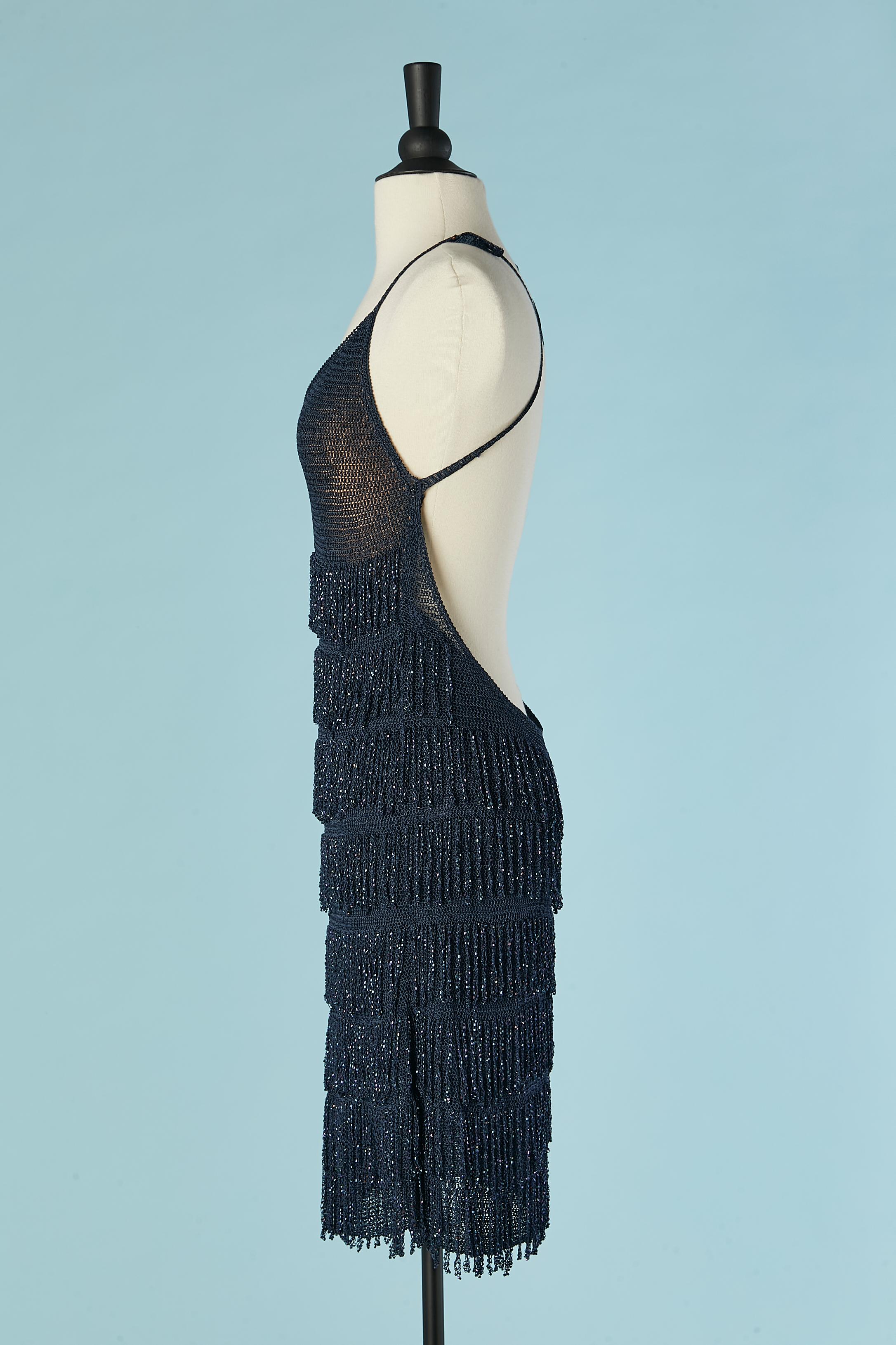 Women's Navy blue knit cocktail dress with beaded fringes embellishment Ritmo di Perla For Sale
