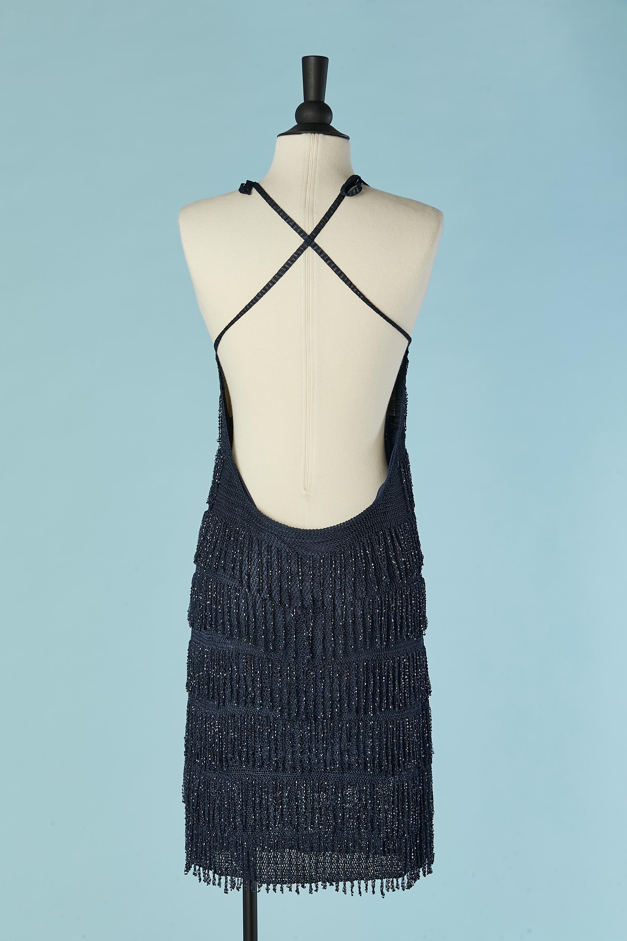 Navy blue knit cocktail dress with beaded fringes embellishment Ritmo di Perla For Sale 1