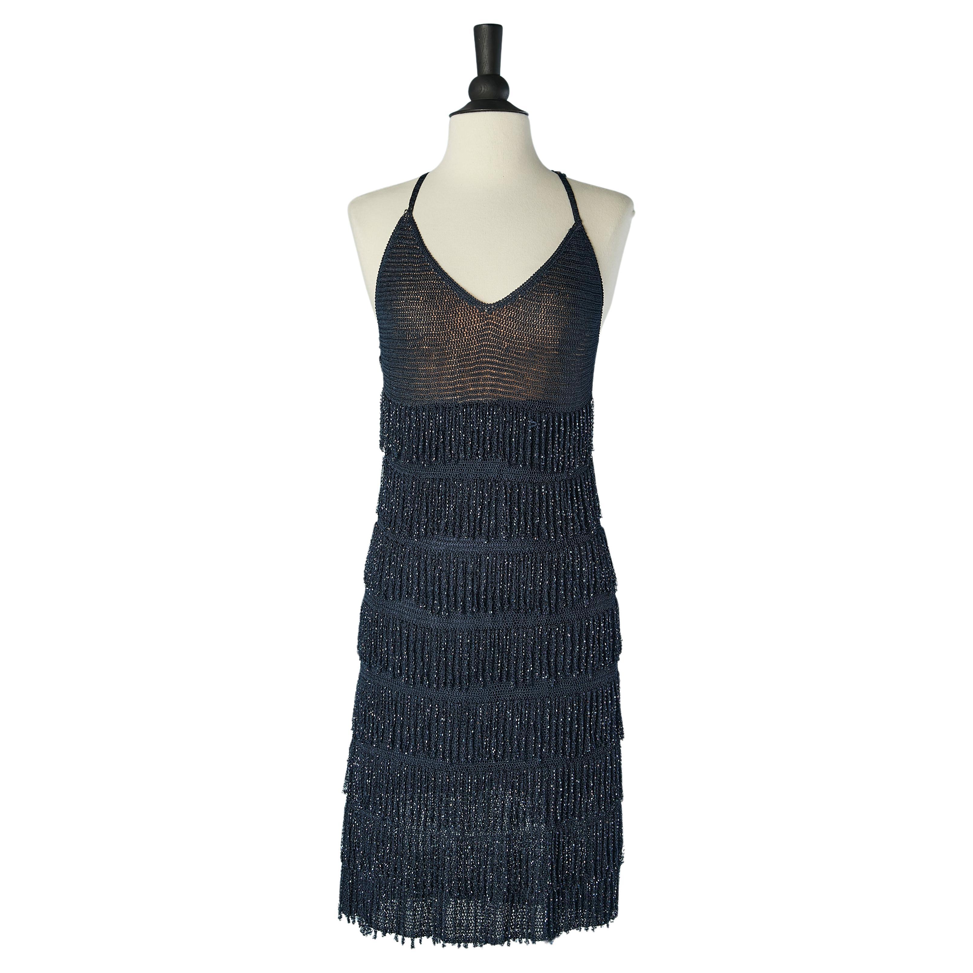 Navy blue knit cocktail dress with beaded fringes embellishment Ritmo di Perla For Sale