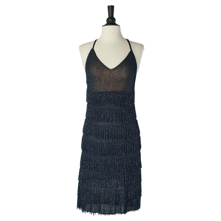 Navy blue knit cocktail dress with beaded fringes embellishment Ritmo di  Perla For Sale at 1stDibs