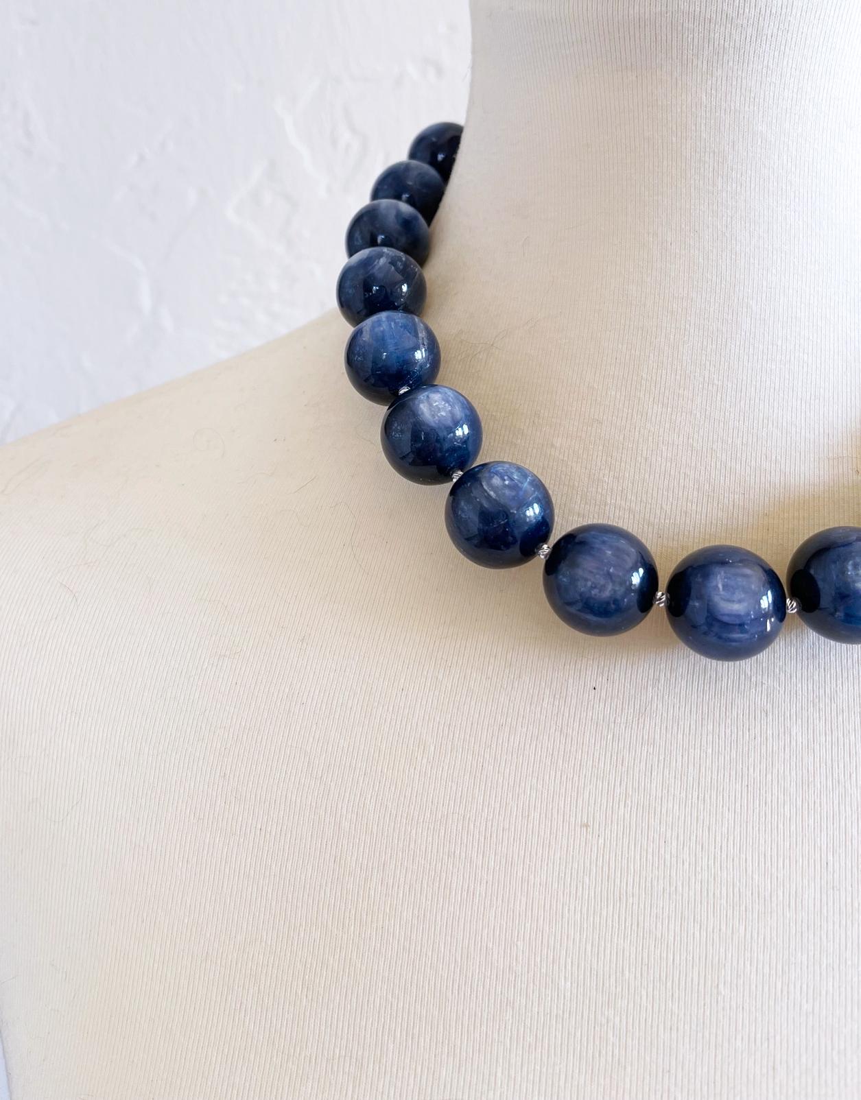 Round Cut Navy Blue Kyanite Chatoyant 20mm Round Beaded Necklace with Custom Toggle Clasp For Sale