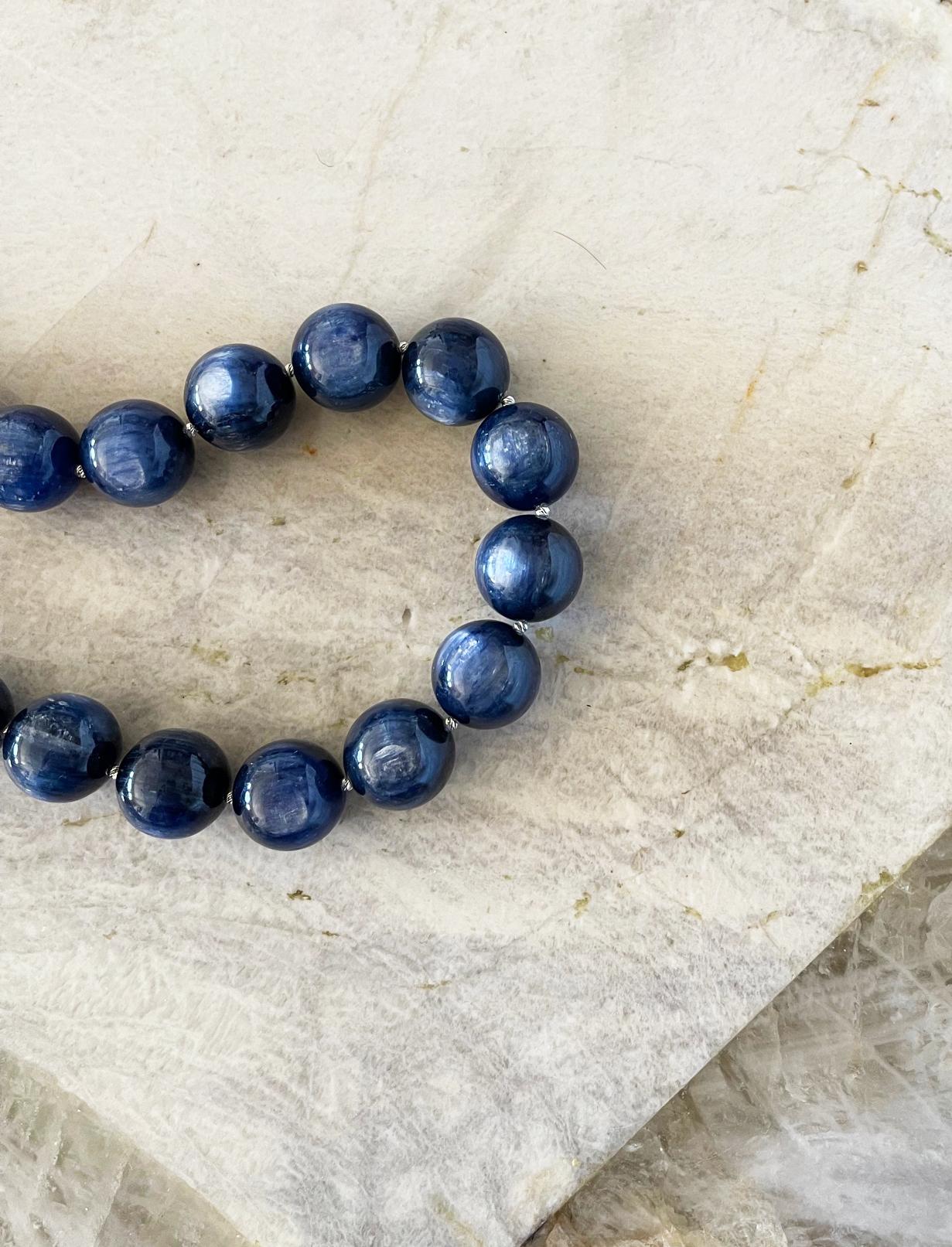 Navy Blue Kyanite Chatoyant 20mm Round Beaded Necklace with Custom Toggle Clasp In New Condition For Sale In Tucson, AZ