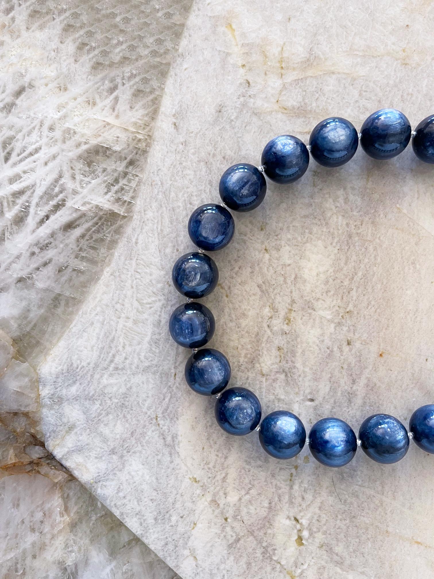 Women's Navy Blue Kyanite Chatoyant 20mm Round Beaded Necklace with Custom Toggle Clasp For Sale