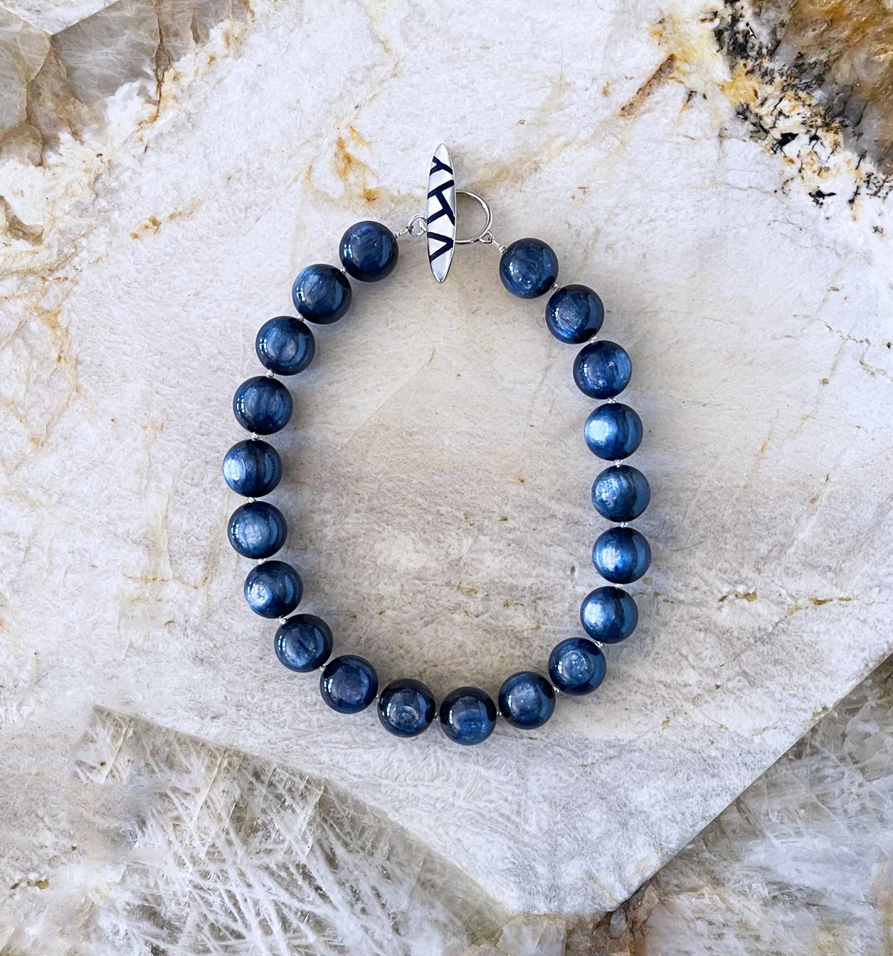 Navy Blue Kyanite Chatoyant 20mm Round Beaded Necklace with Custom Toggle Clasp For Sale 1
