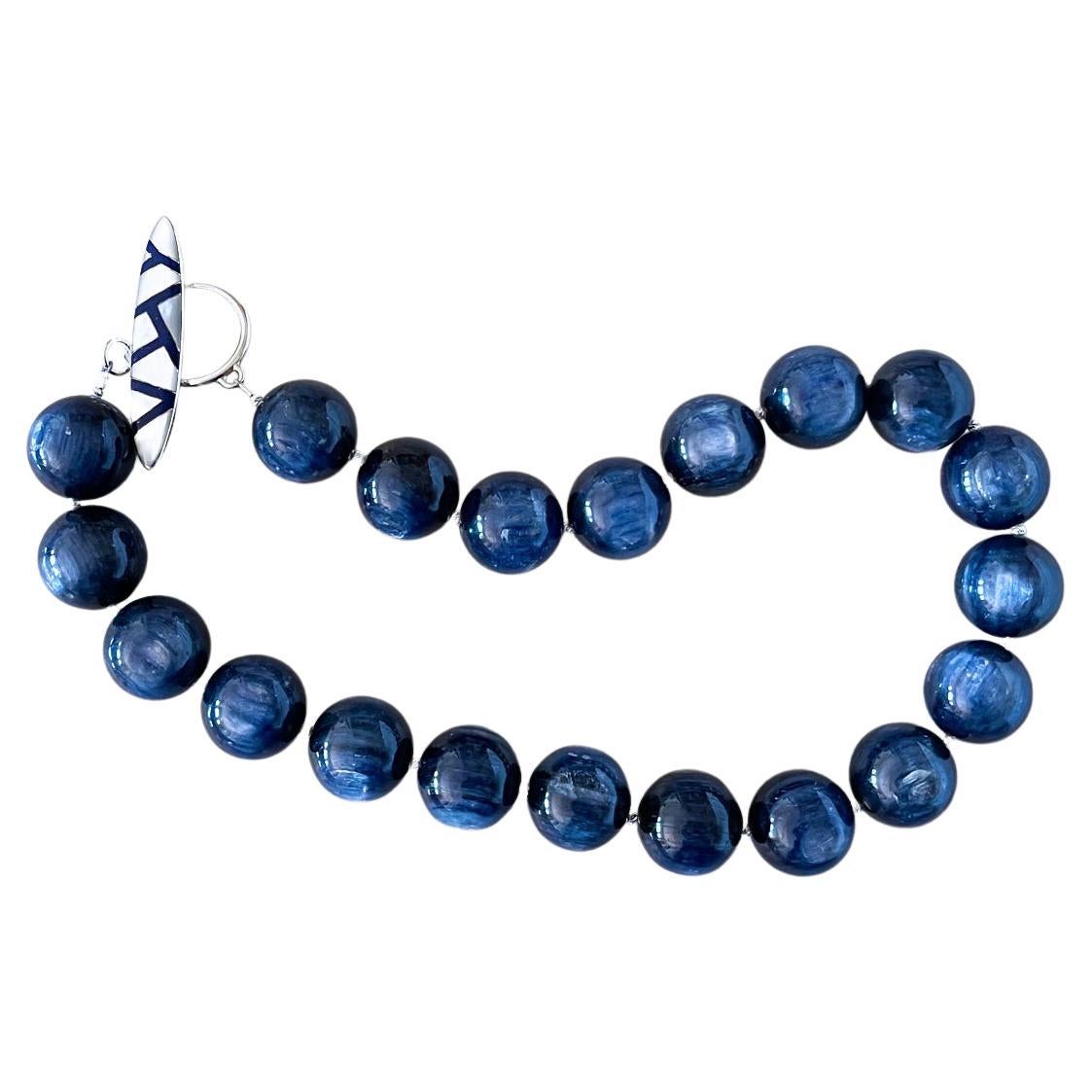 Navy Blue Kyanite Chatoyant 20mm Round Beaded Necklace with Custom Toggle Clasp For Sale
