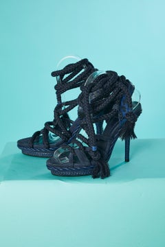 Navy blue leather, suede and rope high heel sandals John Galliano for Dior
