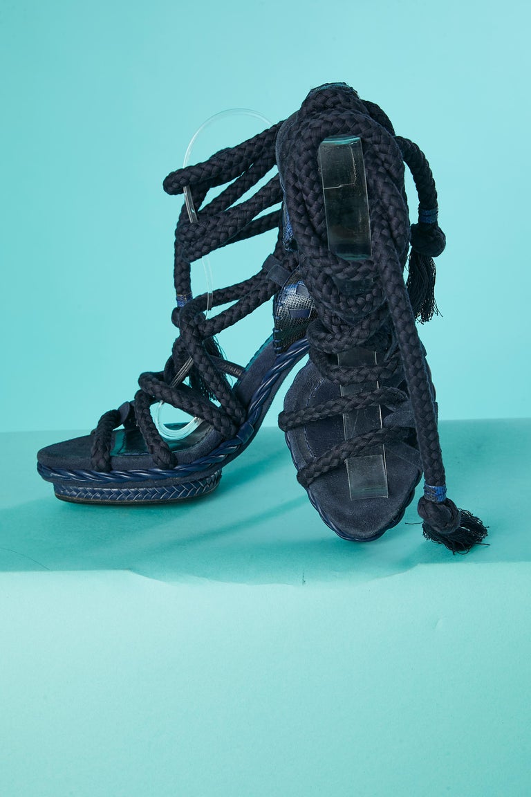 Navy blue leather, suede and rope high heel sandals John Galliano