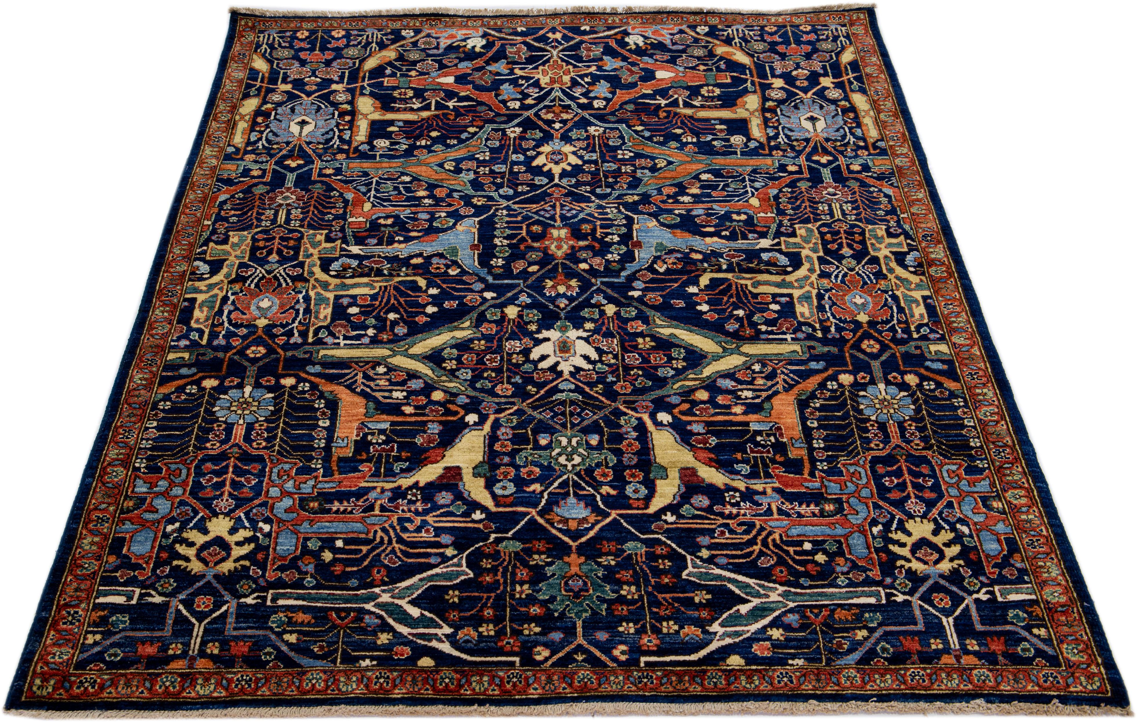 Moderner handgefertigter Wollteppich im Bidjar-Stil mit Allover-Muster in Marineblau (Islamisch) im Angebot