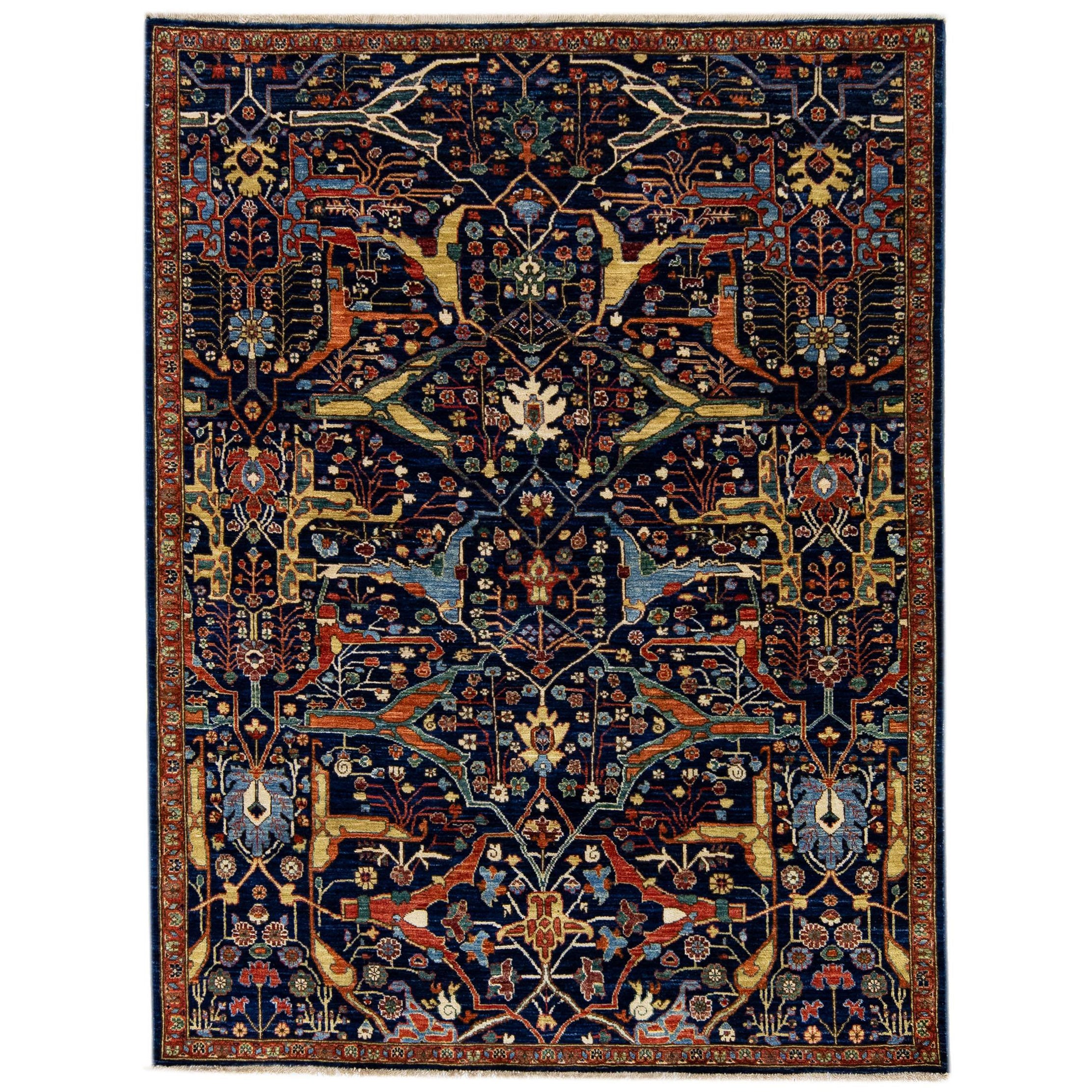 Moderner handgefertigter Wollteppich im Bidjar-Stil mit Allover-Muster in Marineblau