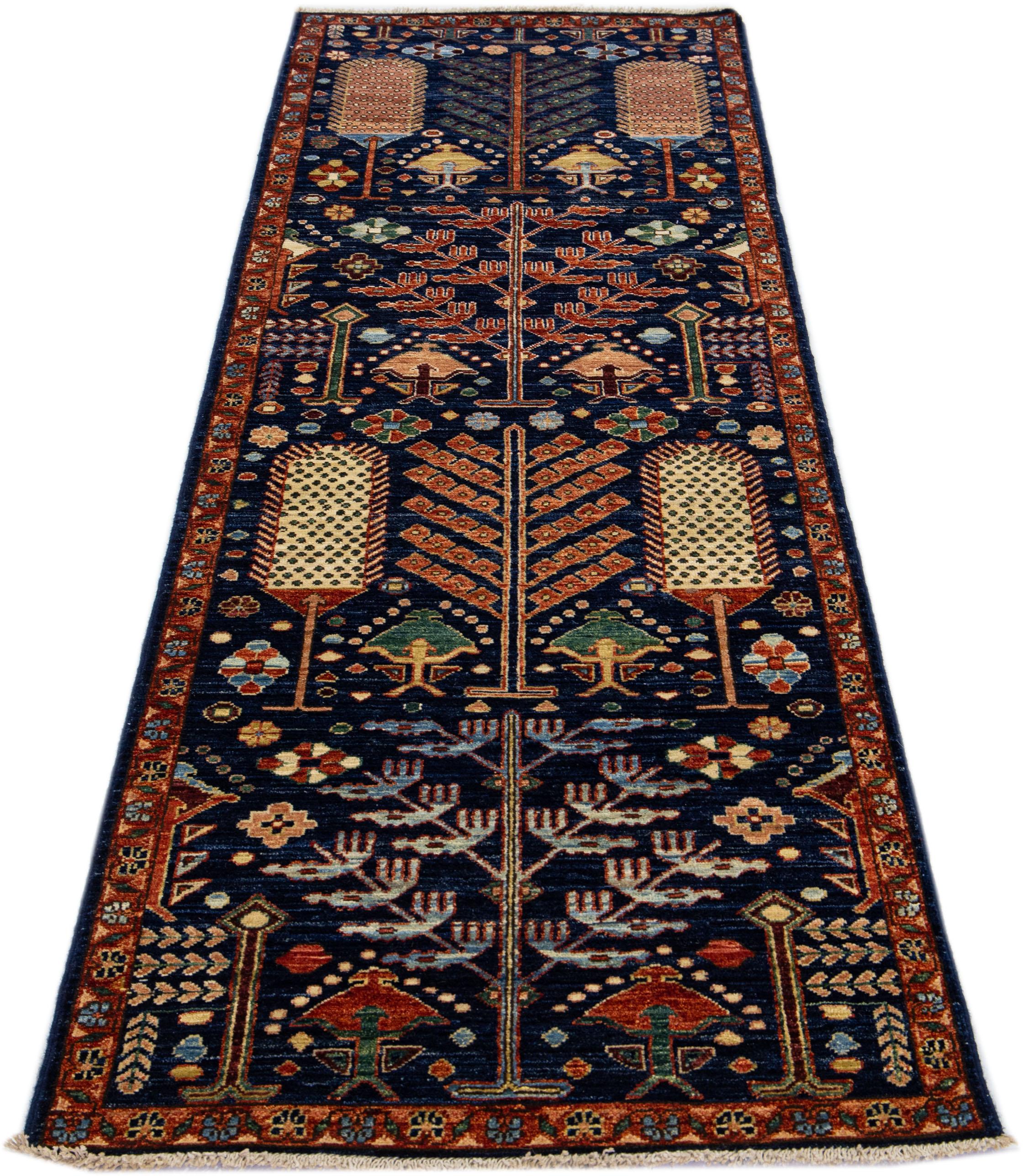 Islamic Navy Blue Modern Bidjar Style Handmade Geometric Floral Wool Runner For Sale