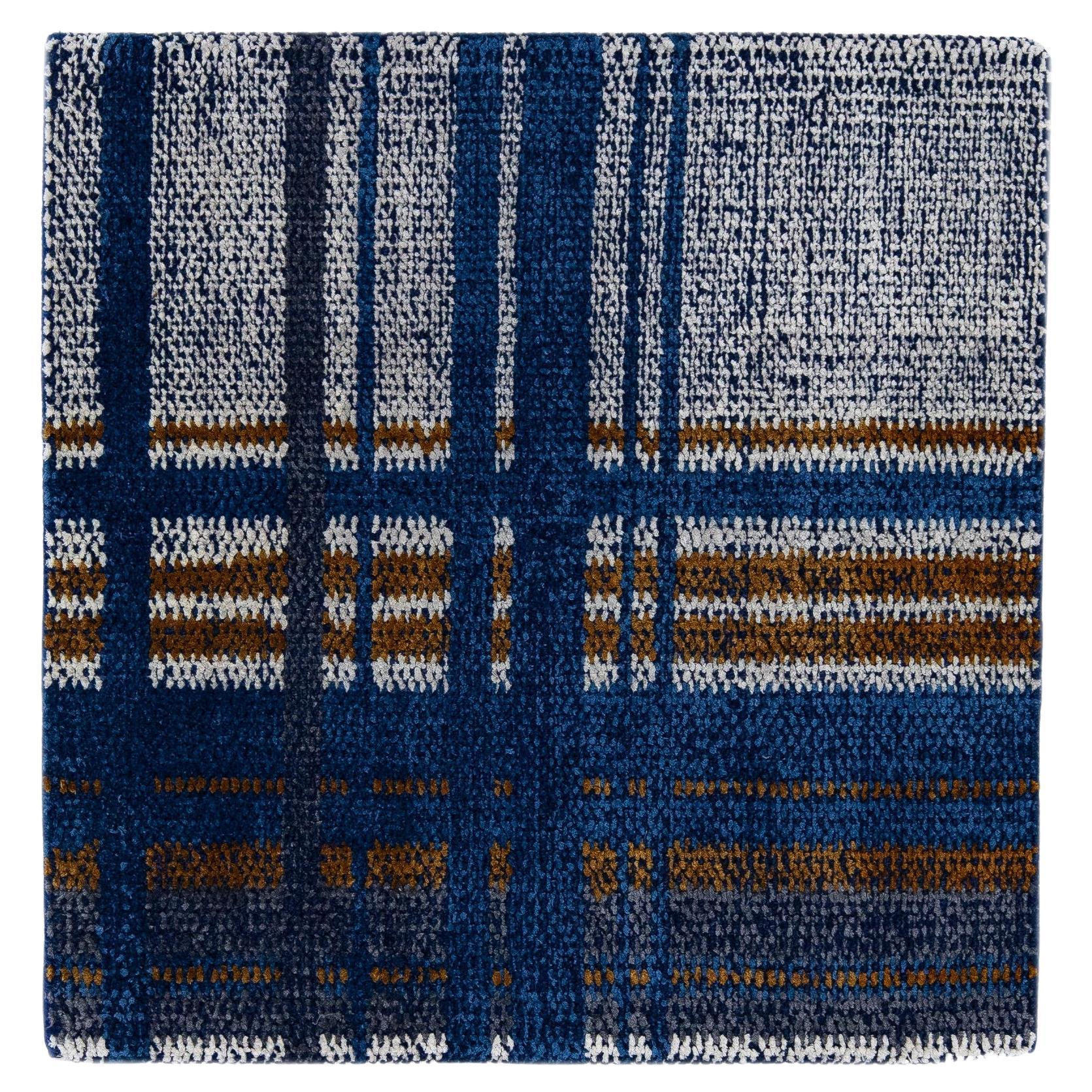 Marineblauer moderner handgefertigter karierter strukturierter Wollteppich