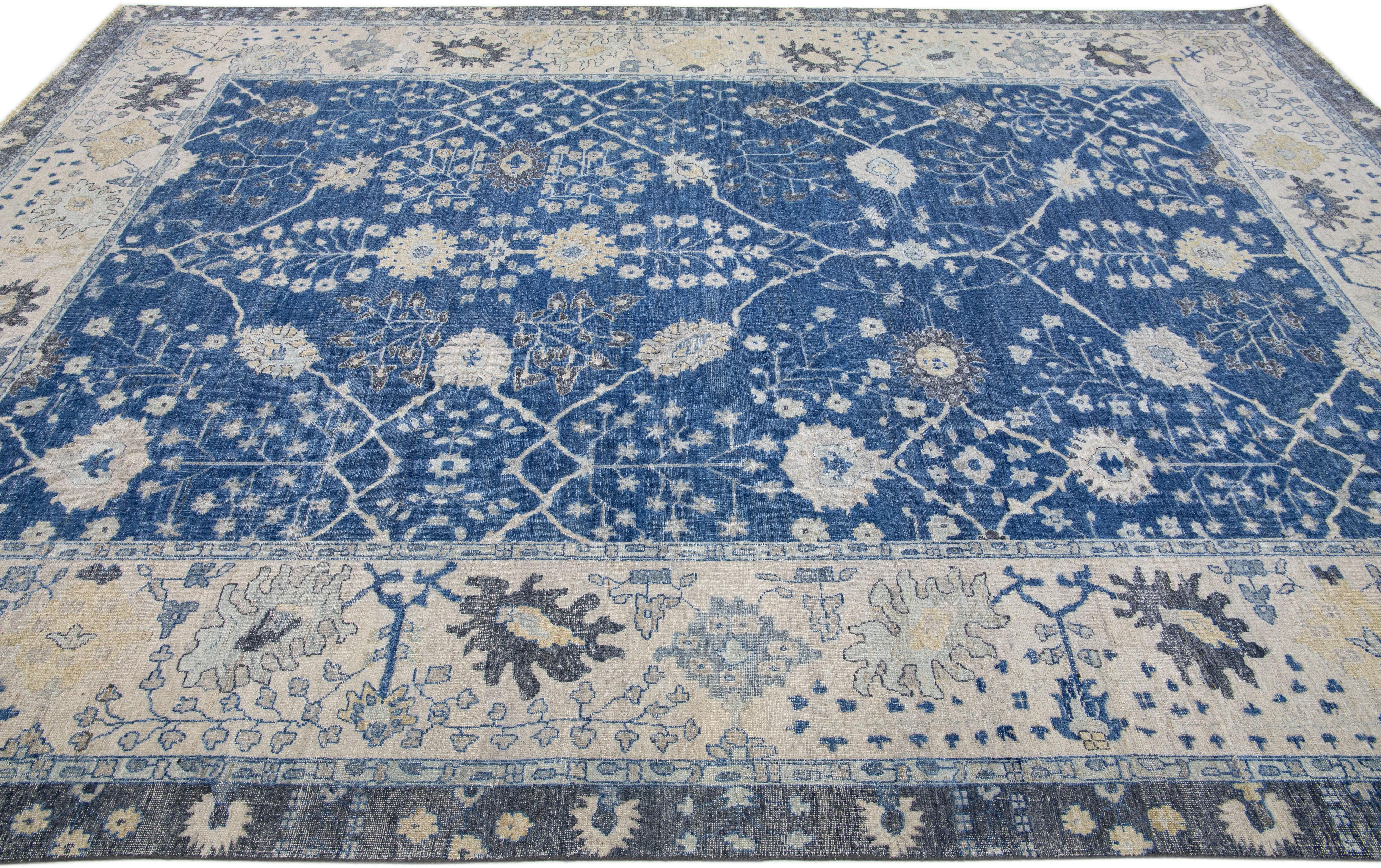 Hand-Knotted Navy Blue Modern Indian Handmade Floral Wool Rug For Sale