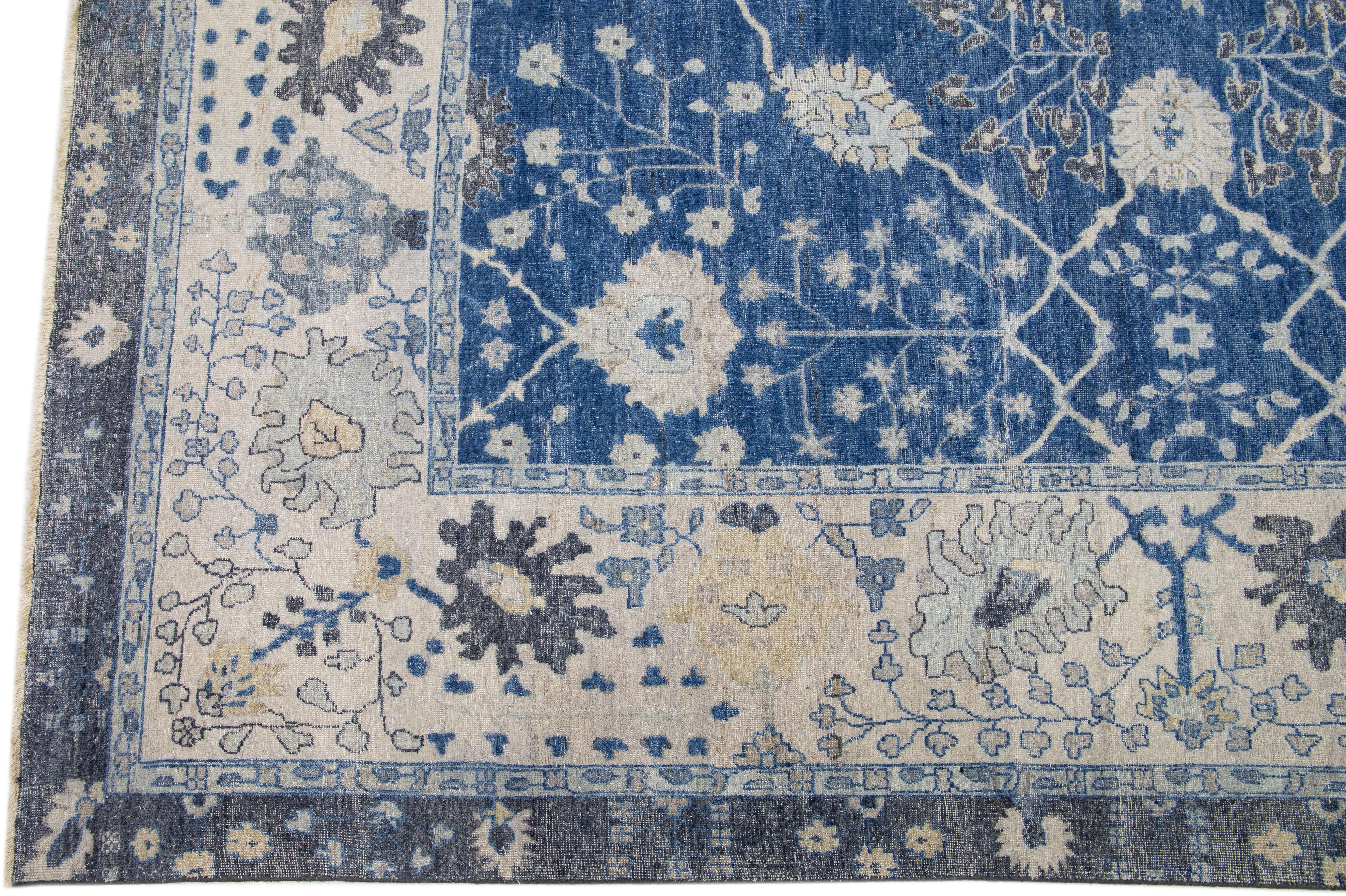 Navy Blue Modern Indian Handmade Floral Wool Rug In New Condition For Sale In Norwalk, CT
