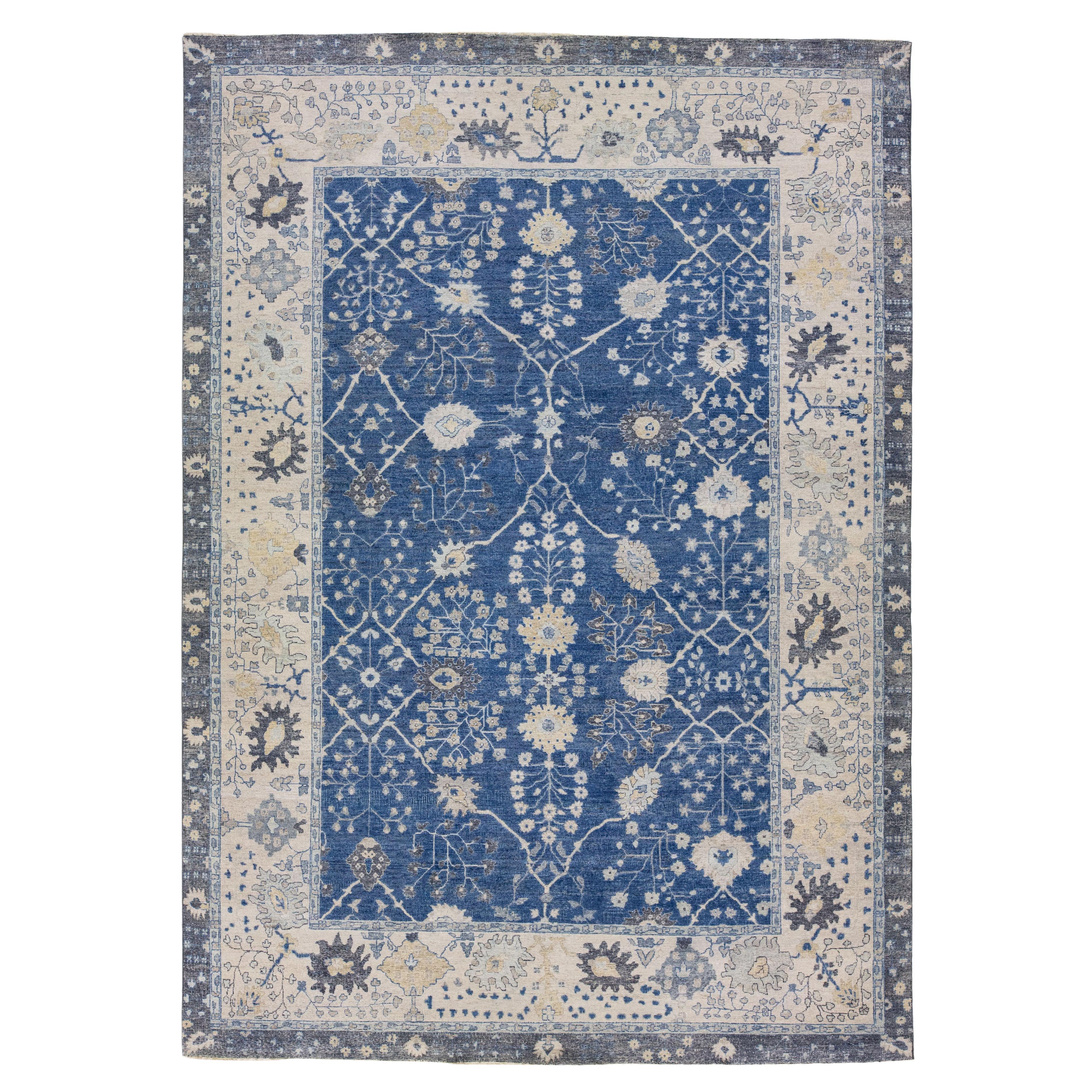 Navy Blue Modern Indian Handmade Floral Wool Rug For Sale