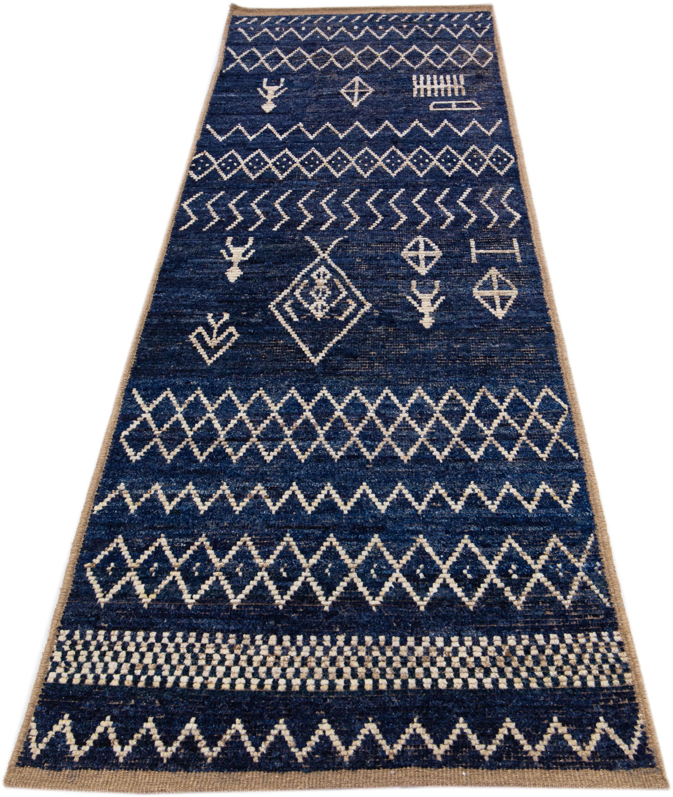 Pakistani Navy Blue Modern Moroccan Style Handmade Wool Runner with Tribal Design For Sale