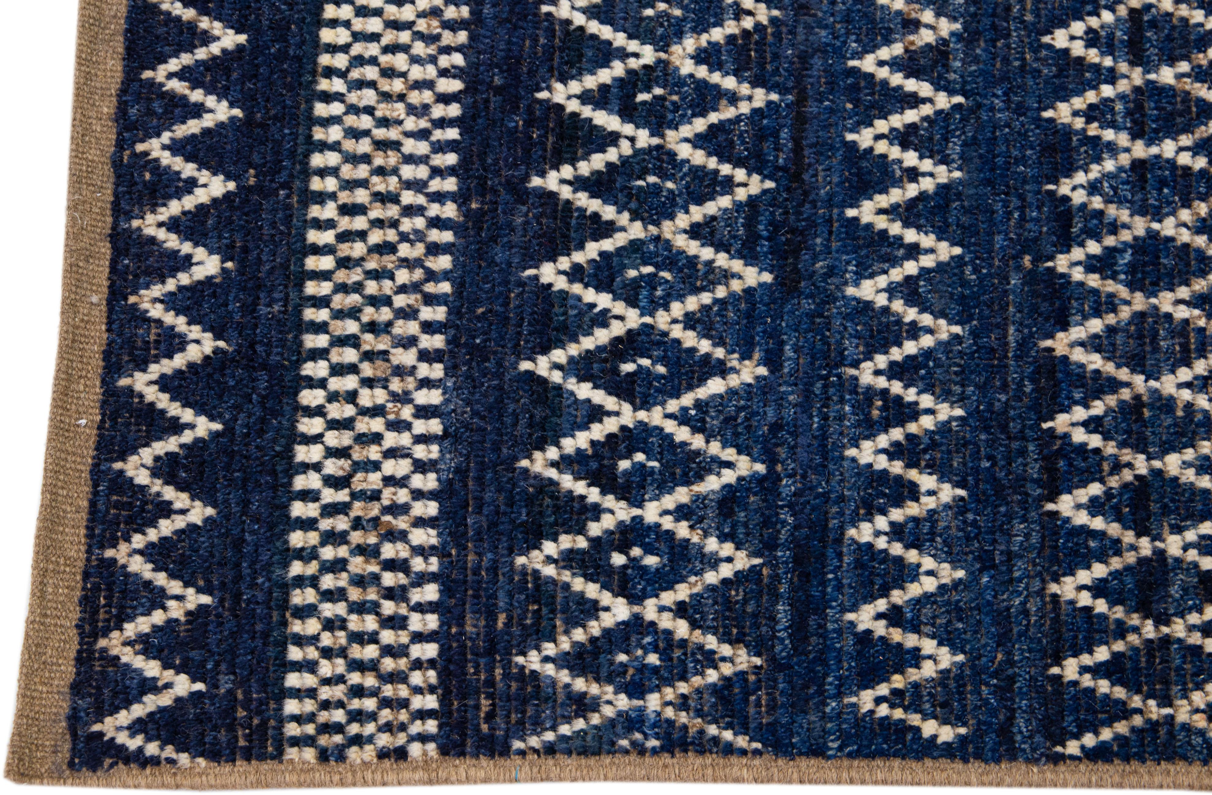 Hand-Knotted Navy Blue Modern Moroccan Style Handmade Wool Runner with Tribal Design For Sale