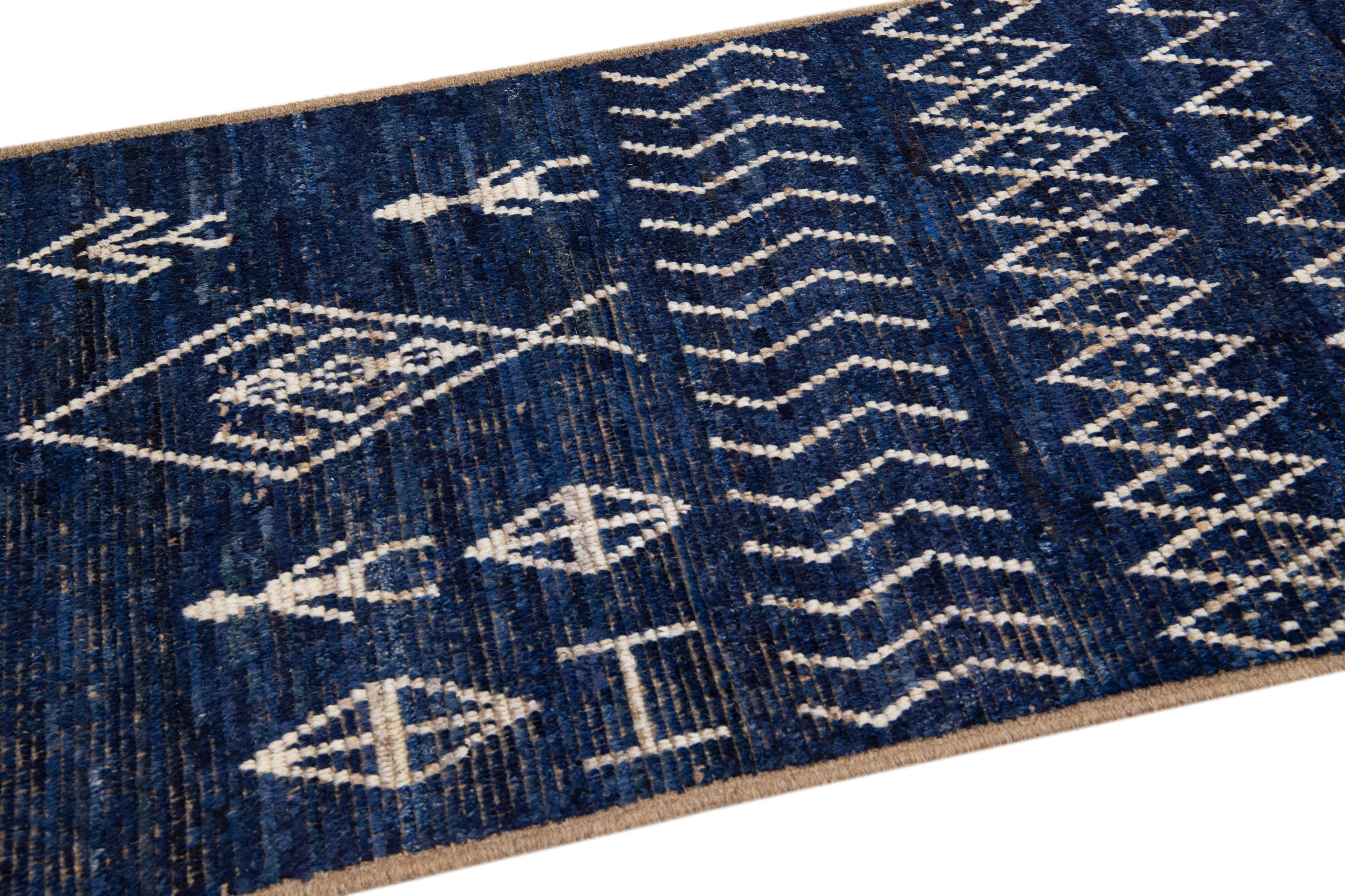Navy Blue Modern Moroccan Style Handmade Wool Runner with Tribal Design In New Condition For Sale In Norwalk, CT