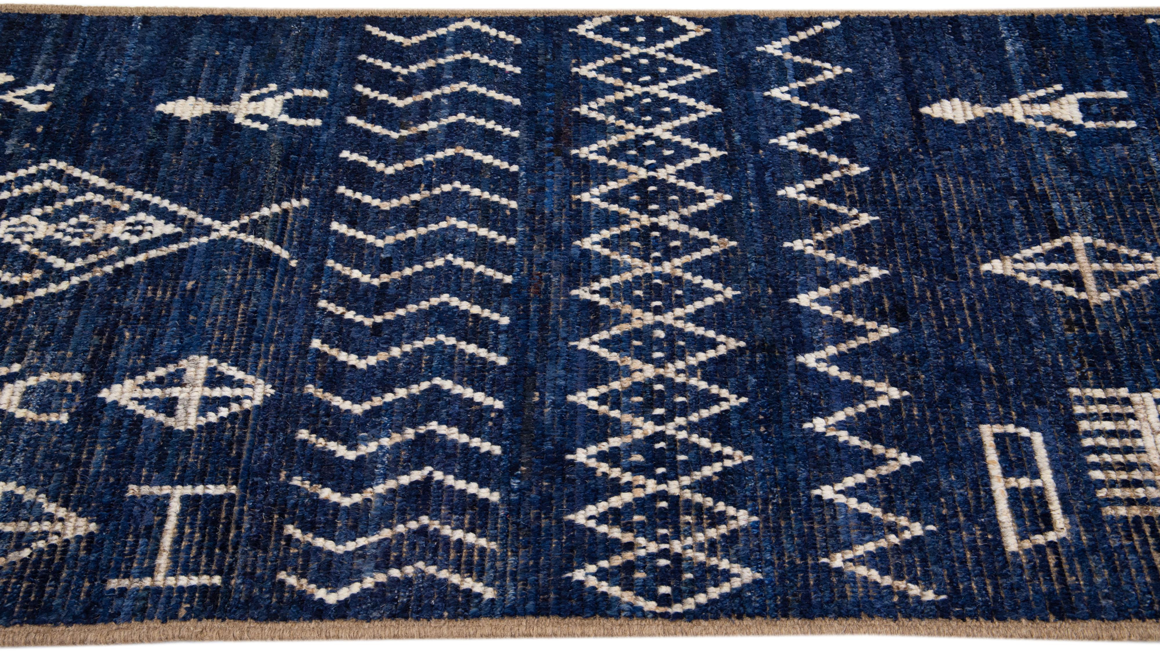 Contemporary Navy Blue Modern Moroccan Style Handmade Wool Runner with Tribal Design For Sale