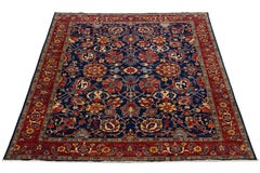 Navy Blue Modern Serapi Style Handmade Wool Rug With Allover Floral Motif