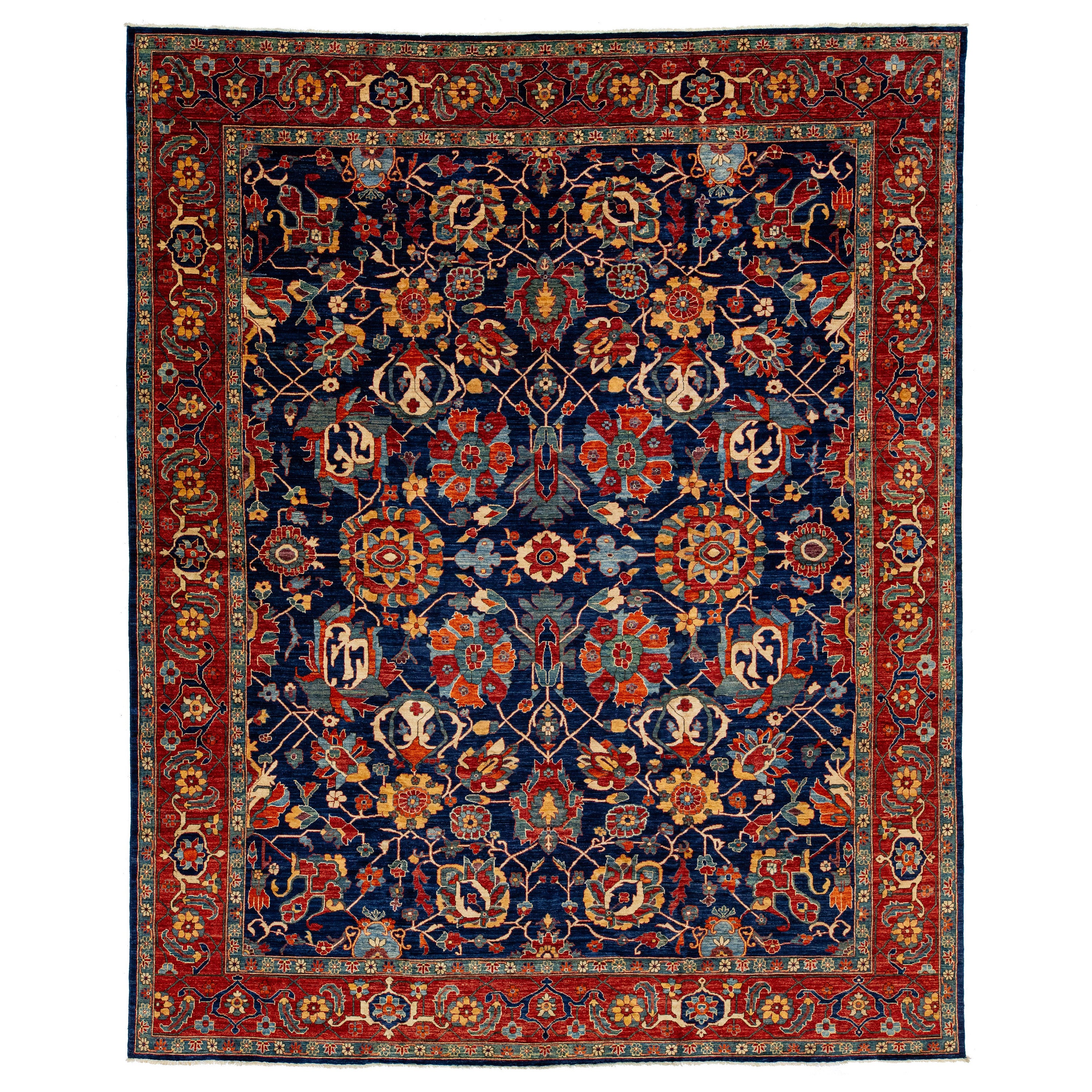 Marineblauer moderner handgefertigter Wollteppich im Serapi-Stil mit Blumenmotiv im Serapi-Stil