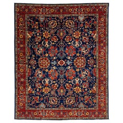 Marineblauer moderner handgefertigter Wollteppich im Serapi-Stil mit Blumenmotiv im Serapi-Stil