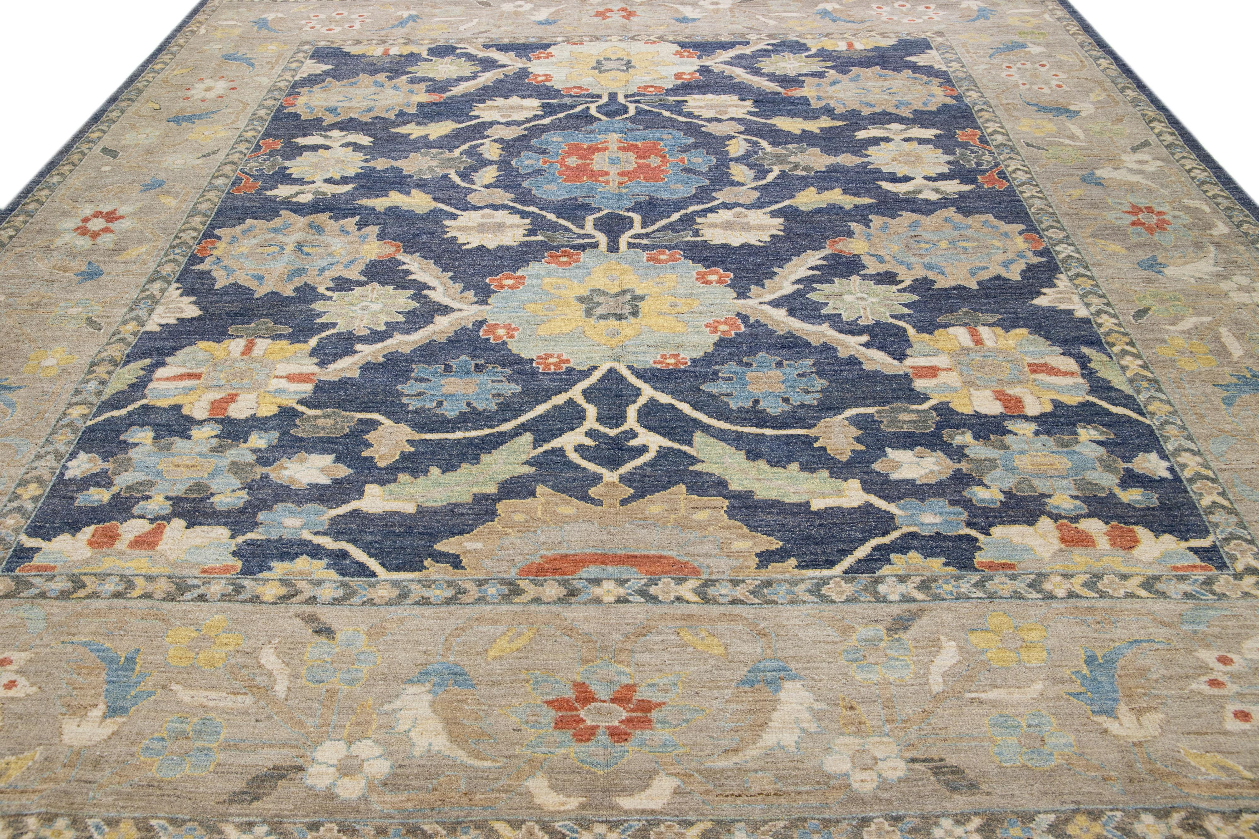 Persian Navy Blue Modern Sultanabad Handmade Floral Design Wool Rug For Sale