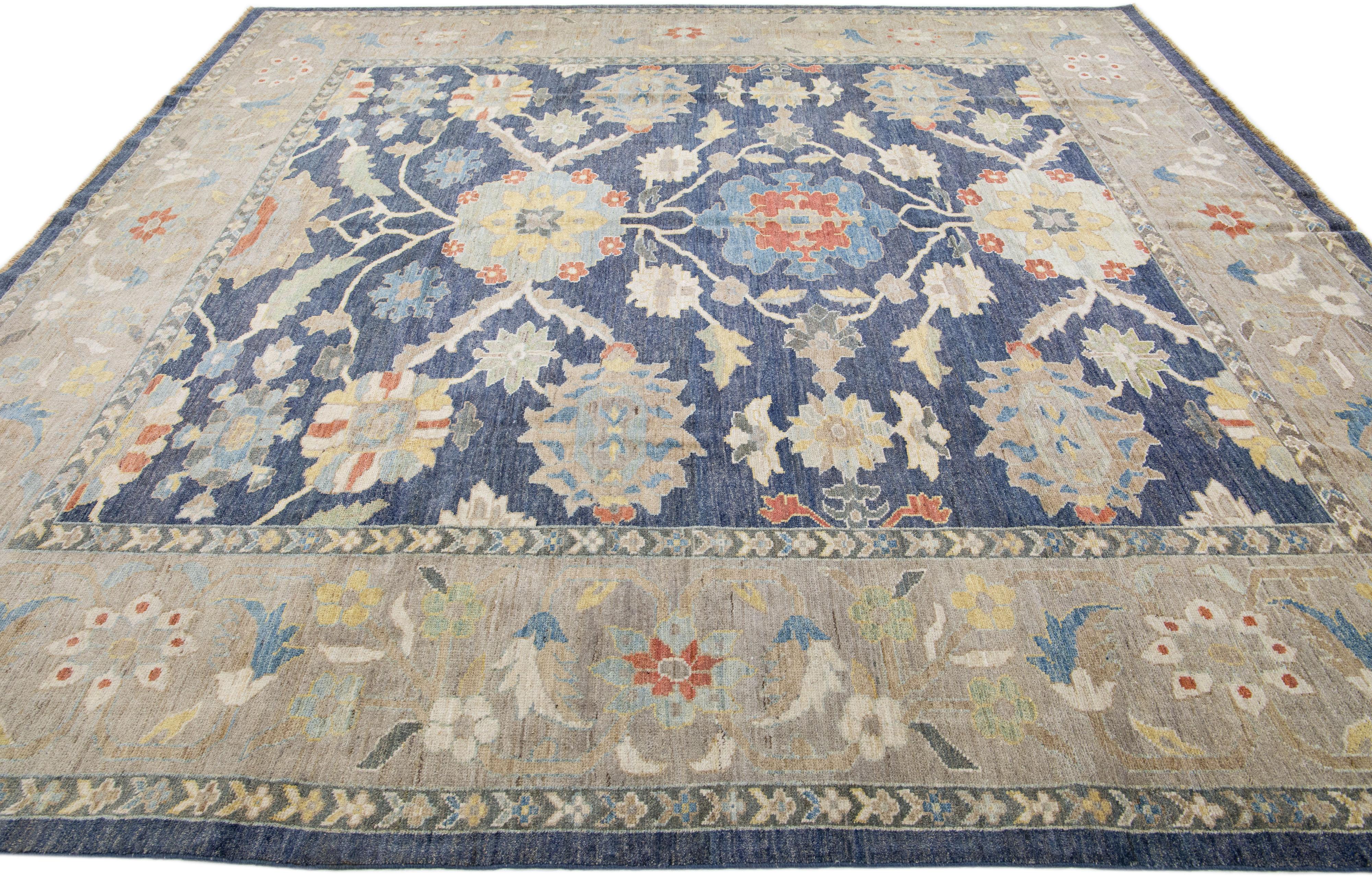 Hand-Knotted Navy Blue Modern Sultanabad Handmade Floral Design Wool Rug For Sale