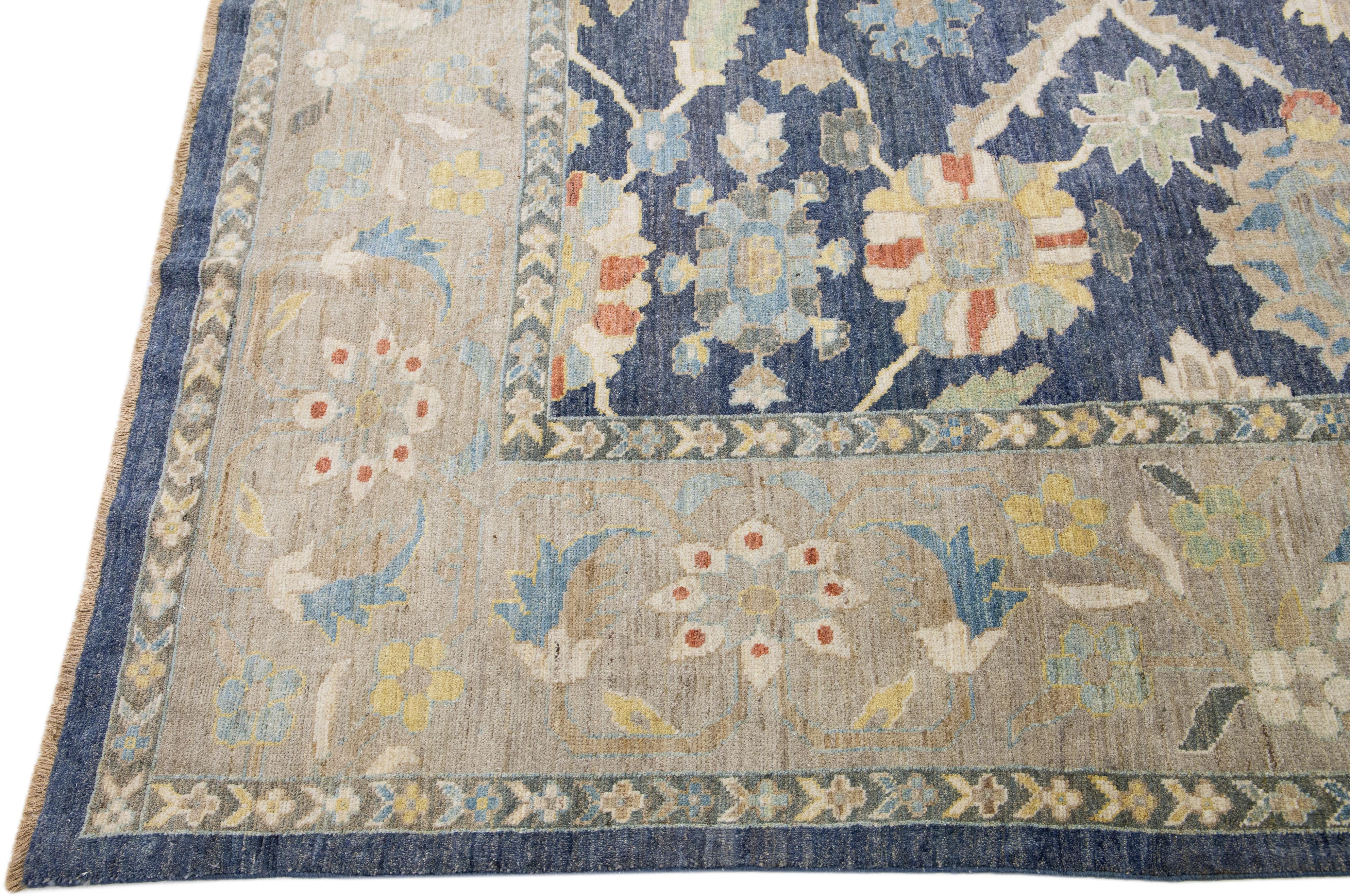 Contemporary Navy Blue Modern Sultanabad Handmade Floral Design Wool Rug For Sale