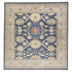 Navy Blue Modern Sultanabad Handmade Floral Design Wool Rug