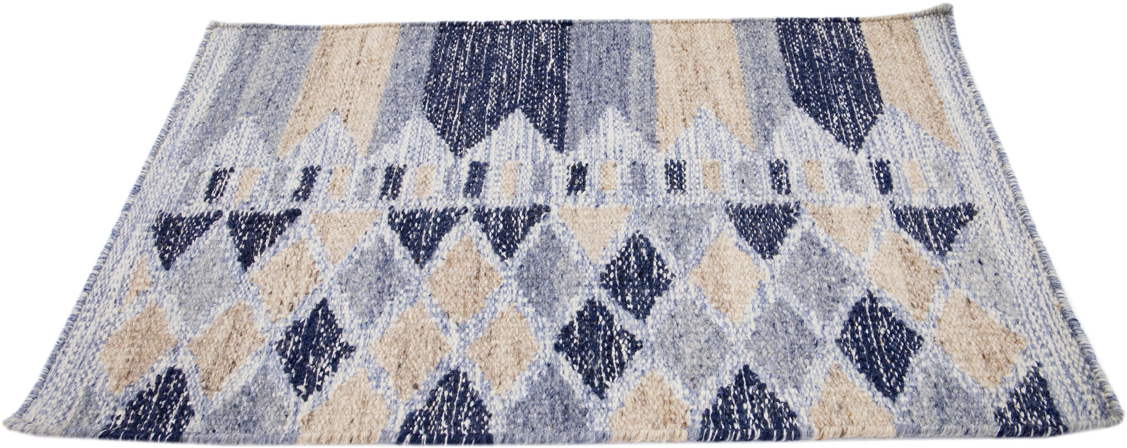Hand-Woven Navy Blue Modern Swedish Style Handmade Custom Wool Rug For Sale
