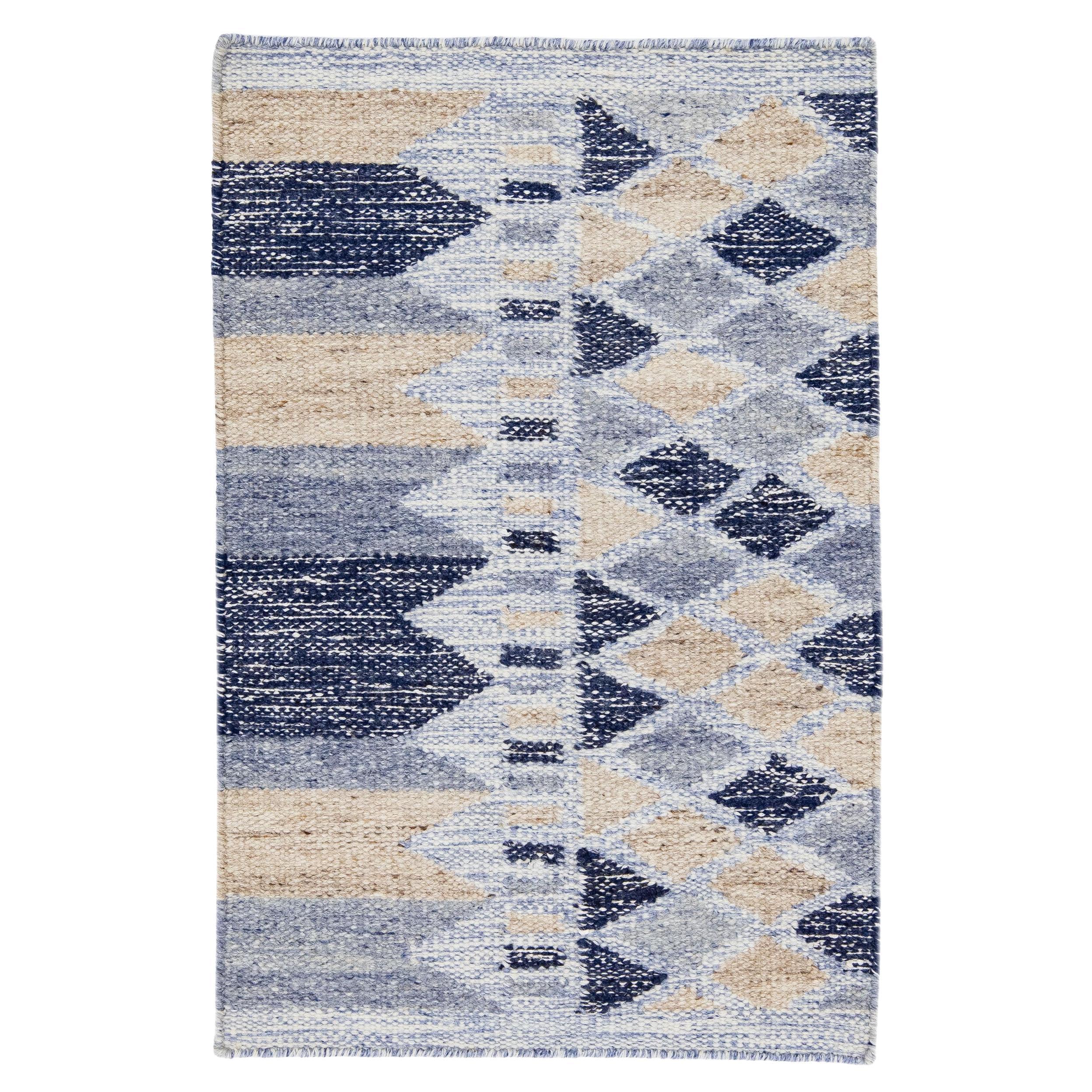 Navy Blue Modern Swedish Style Handmade Custom Wool Rug For Sale