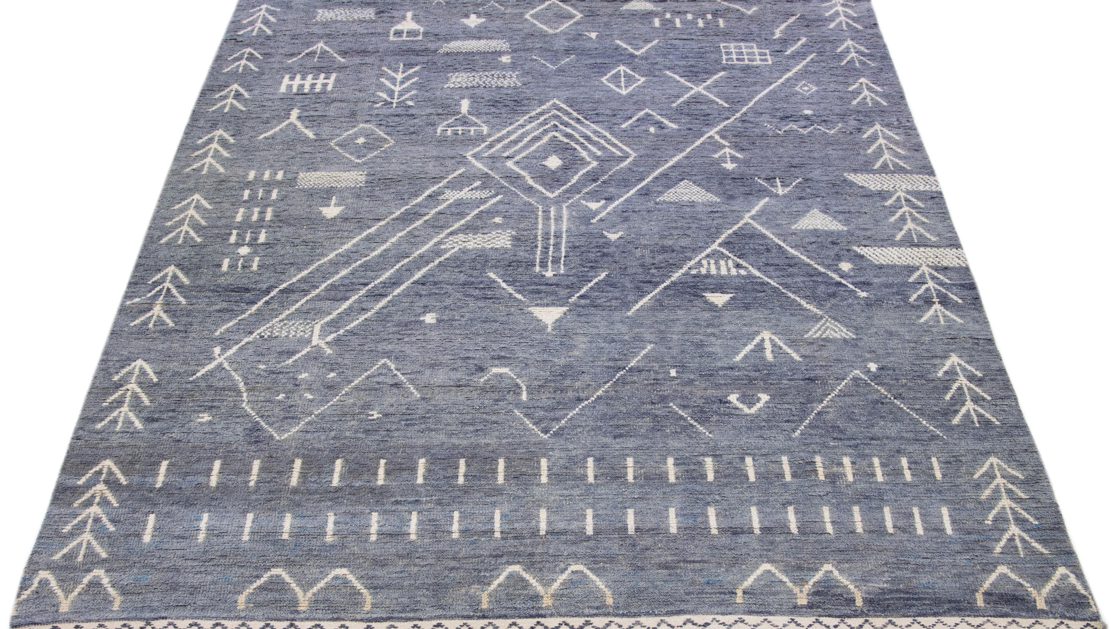 Hand-Knotted Navy Blue Moroccan Berber Style Handmade Art Deco Wool Rug For Sale