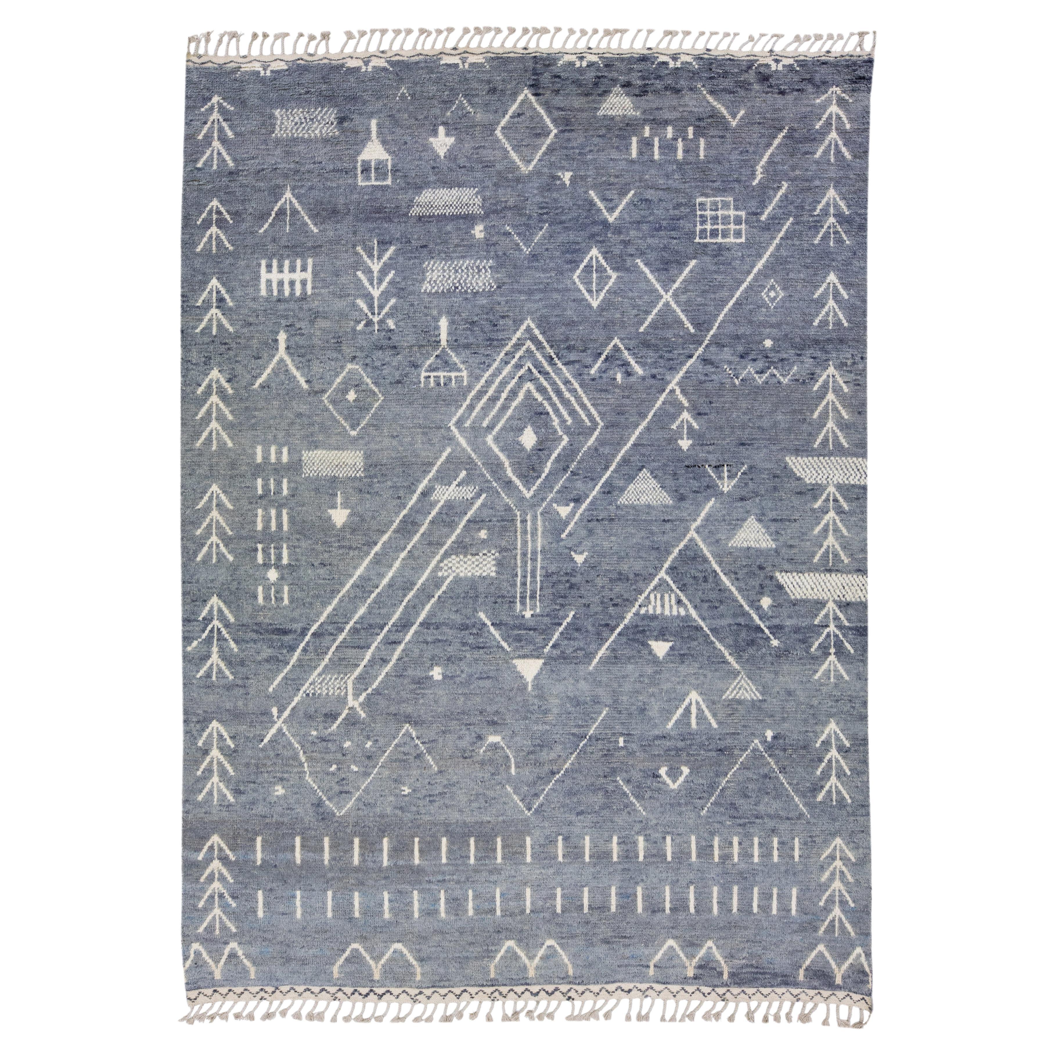 Navy Blue Moroccan Berber Style Handmade Art Deco Wool Rug For Sale