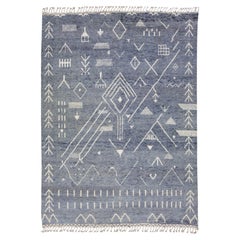 Navy Blue Moroccan Berber Style Handmade Art Deco Wool Rug