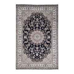 Navy Blue Nain Wool and Silk 250 KPSI Hand Knotted Oriental Rug