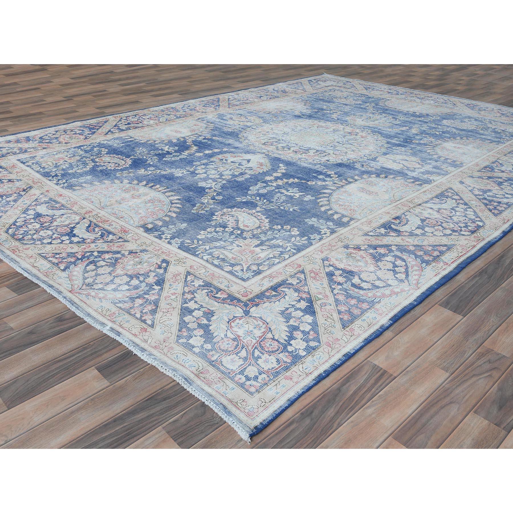 Hand-Knotted Navy Blue Old Persian Kerman Hand Knotted Cropped Thin Worn Wool Distressed Rug For Sale