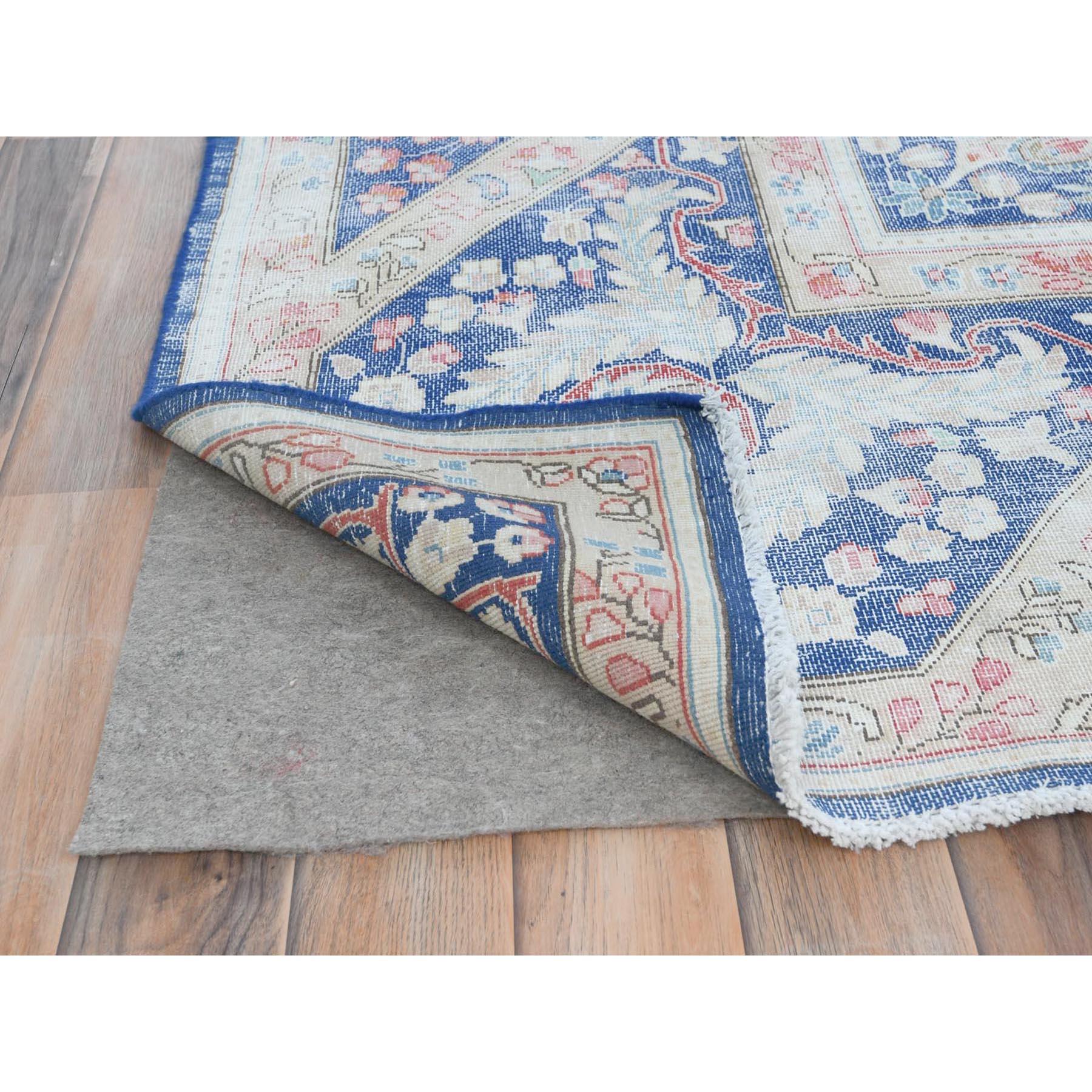 Navy Blue Old Persian Kerman Hand Knotted Cropped Thin Worn Wool Distressed Rug In Good Condition For Sale In Carlstadt, NJ
