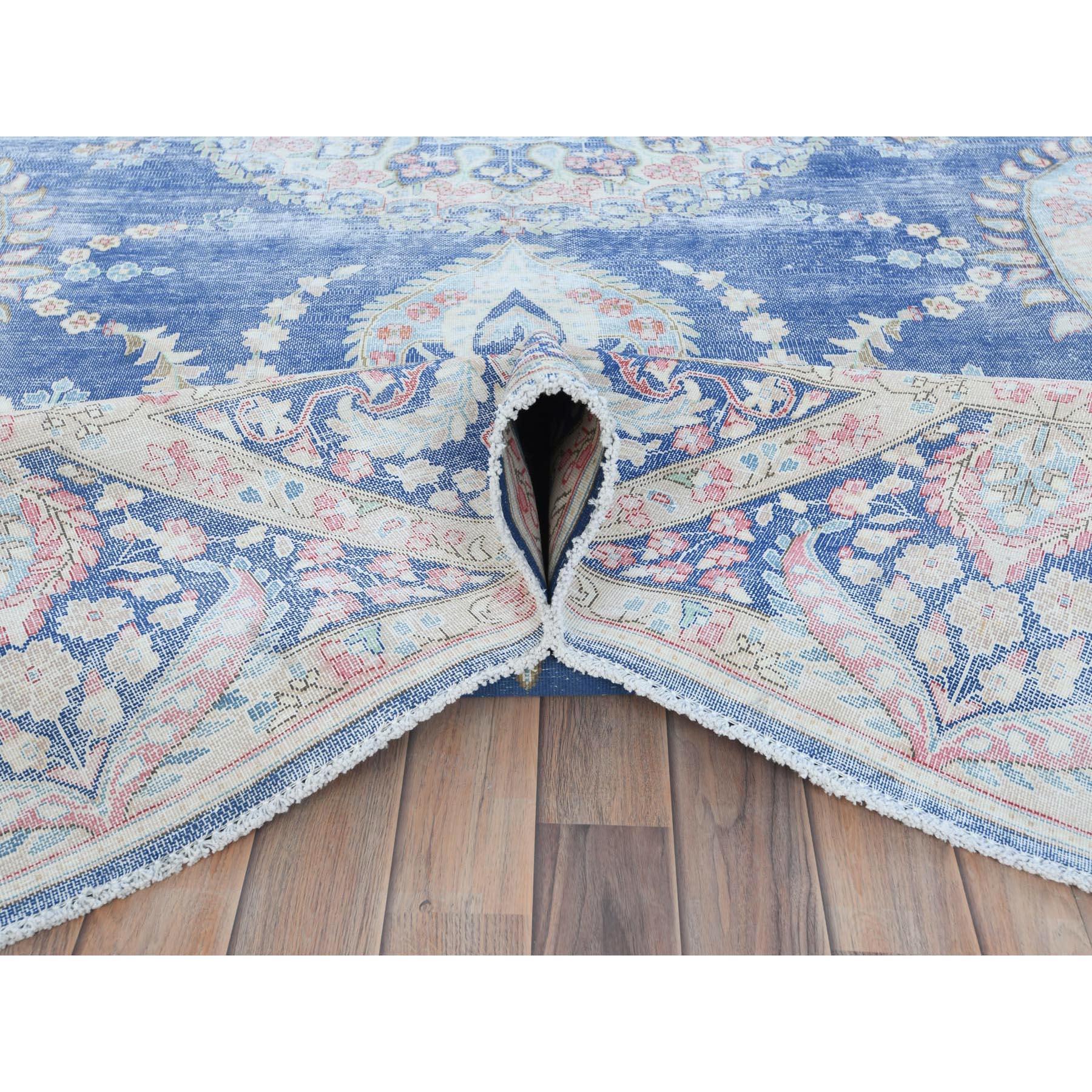 Mid-20th Century Navy Blue Old Persian Kerman Hand Knotted Cropped Thin Worn Wool Distressed Rug For Sale