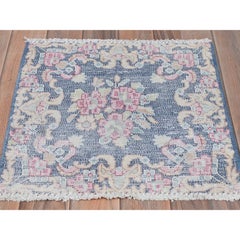Navy Blue Old Persian Kerman Shabby Chic Hand Knotted Distressed Worn Wool Rug