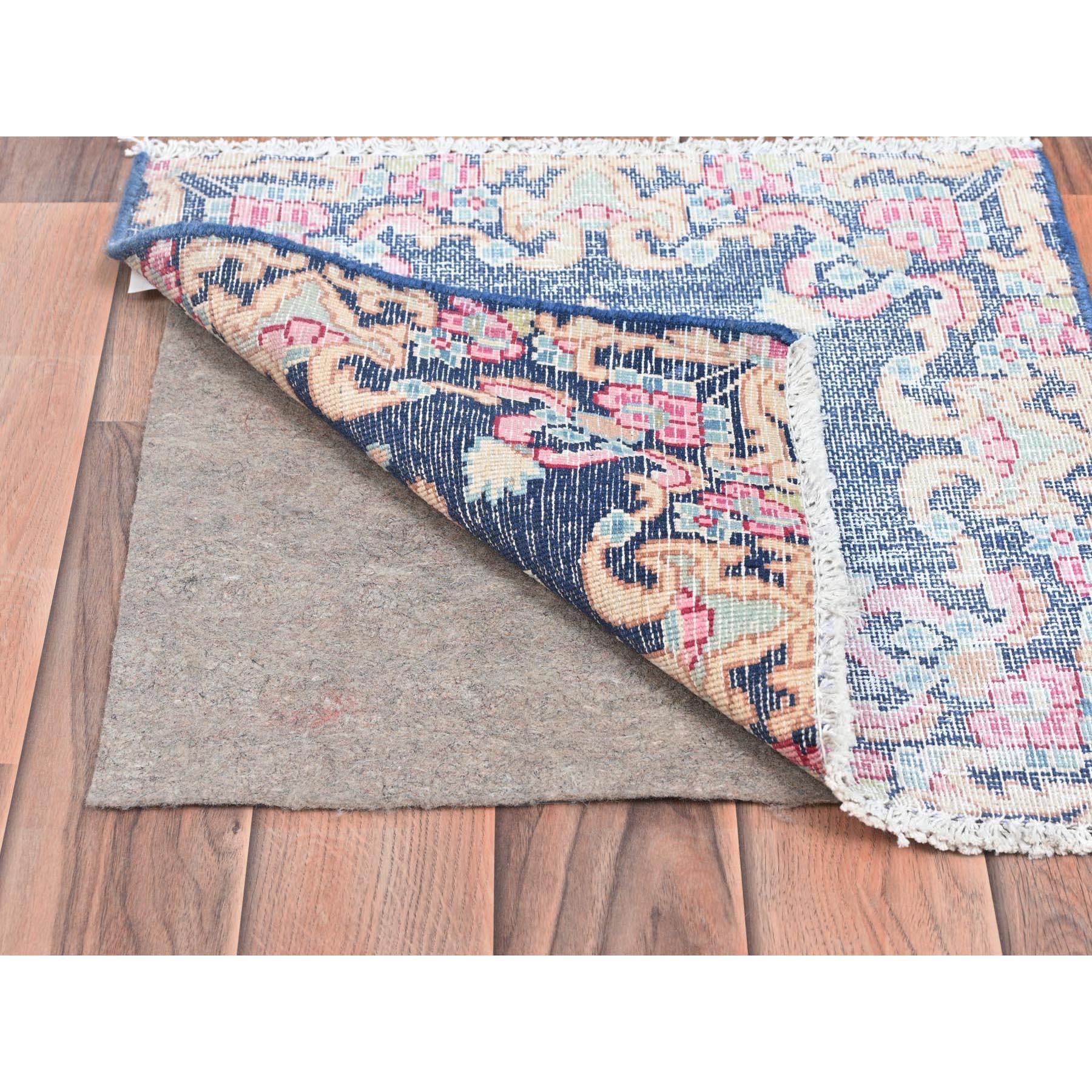Medieval Navy Blue Old Persian Kerman Shabby Chic Hand Knotted Distressed Worn Wool Rug For Sale