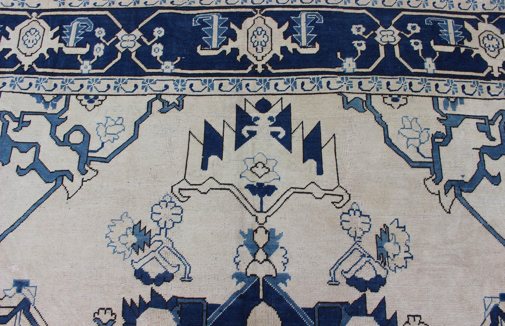 Hand-Knotted Navy Blue Oushak Vintage Rug with Traditional Medallion Design For Sale