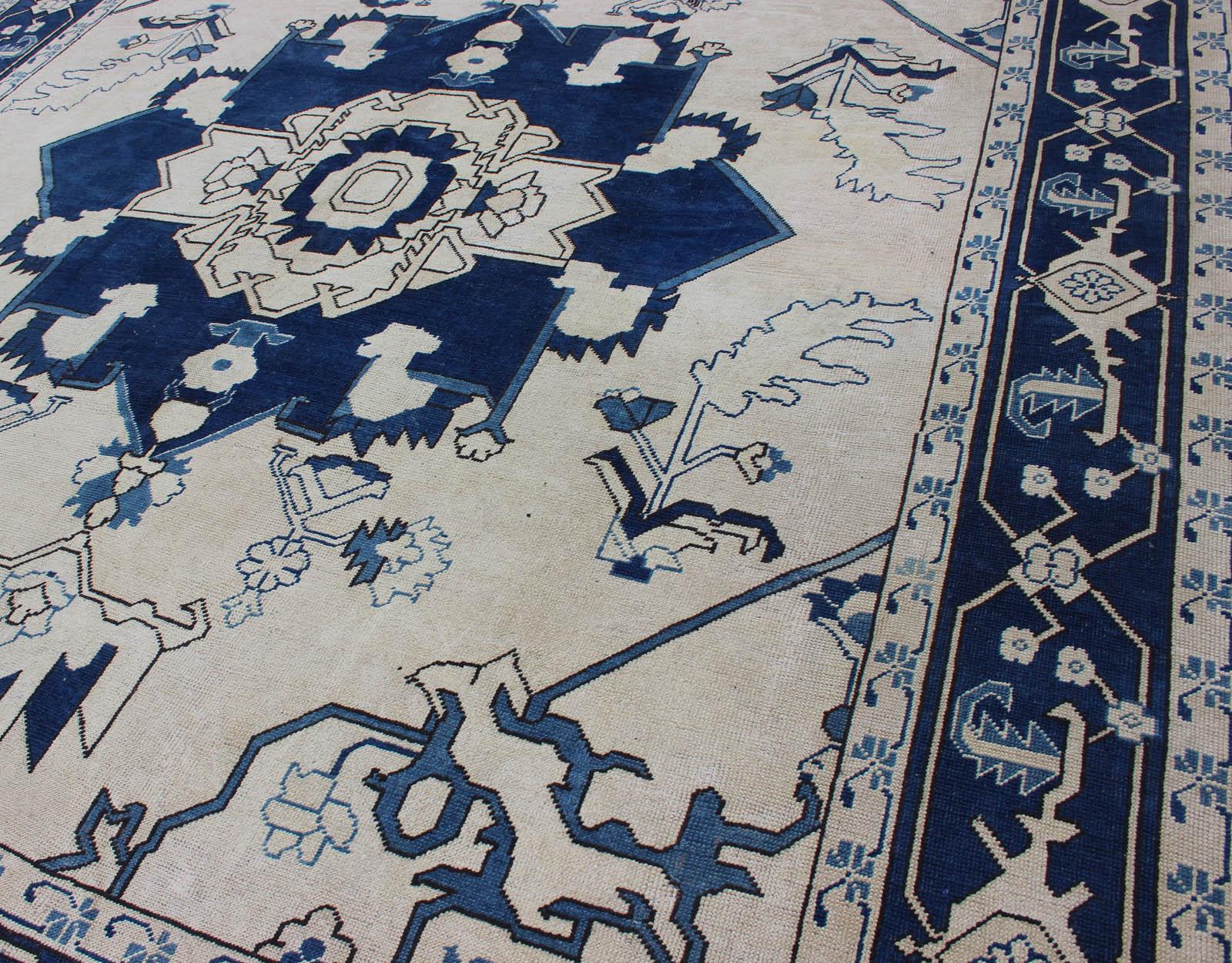 Mid-20th Century Navy Blue Oushak Vintage Rug with Traditional Medallion Design For Sale