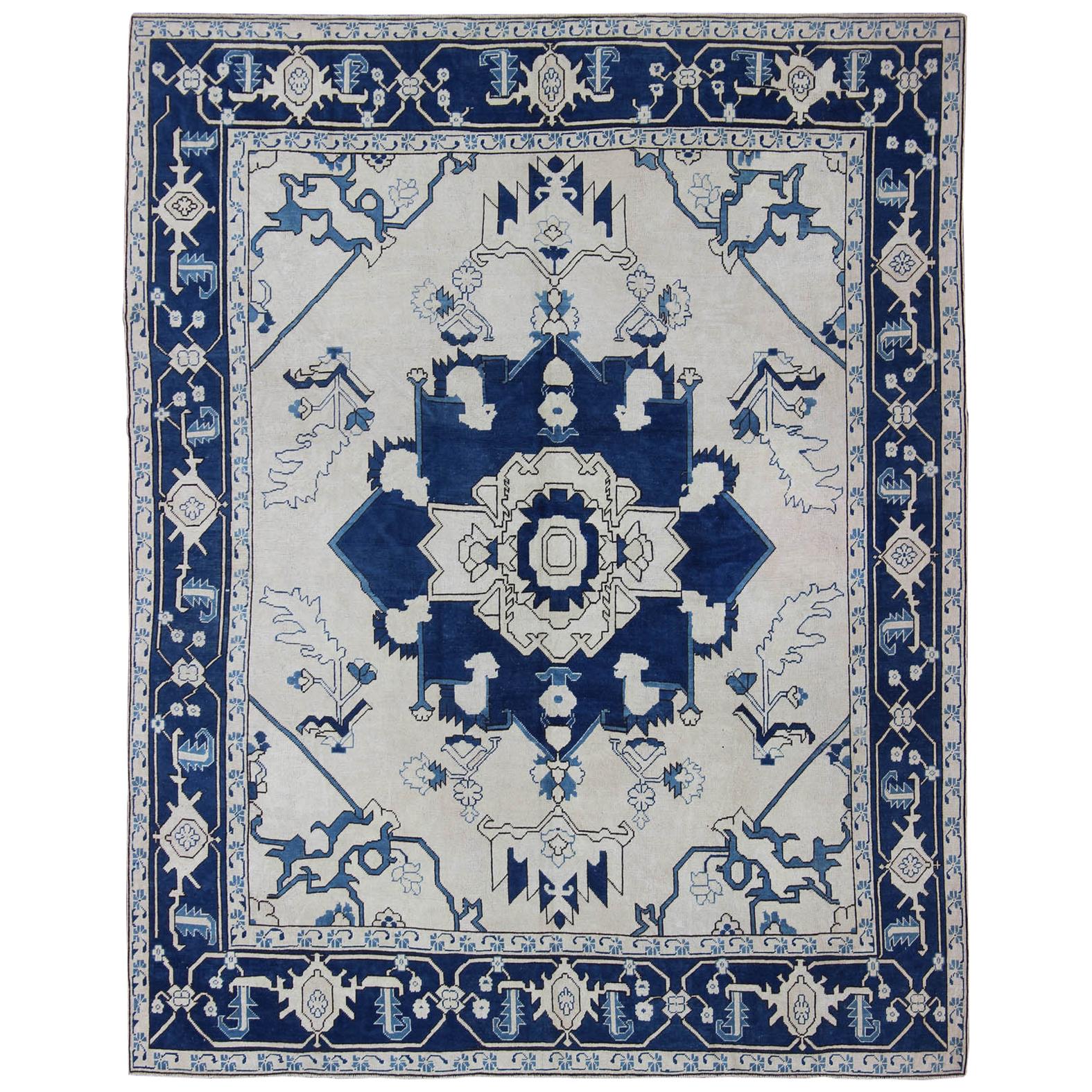 Navy Blue Oushak Vintage Rug with Traditional Medallion Design For Sale