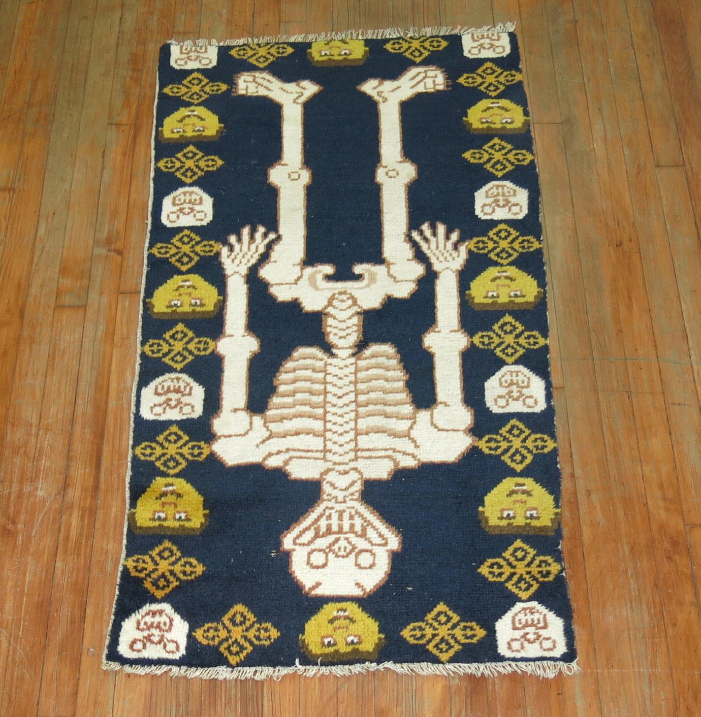 Skeletal pictorial vintage Tibetan rug.