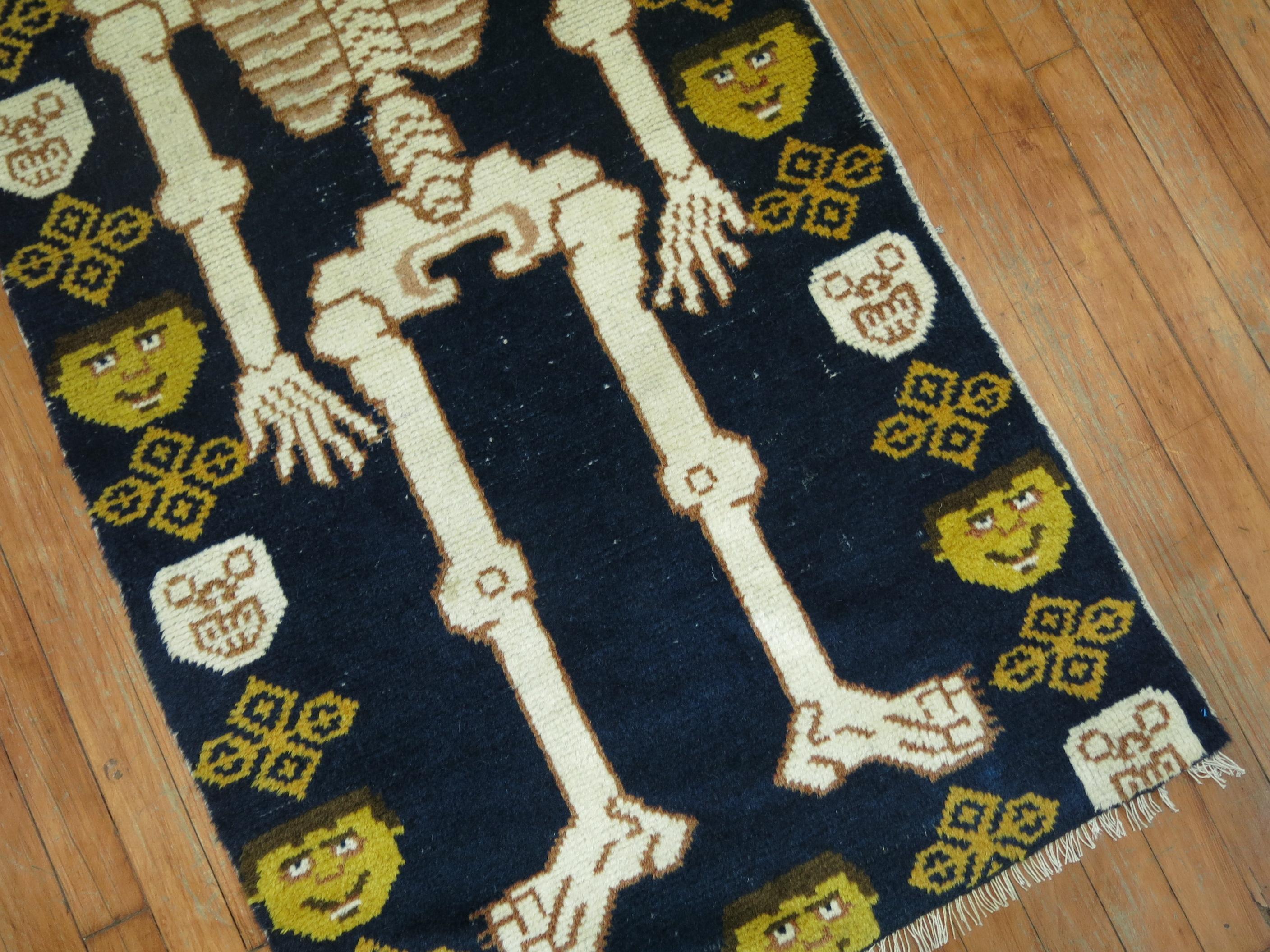 Space Age Navy Blue Pictorial Skeleton Vintage Tibetan Rug