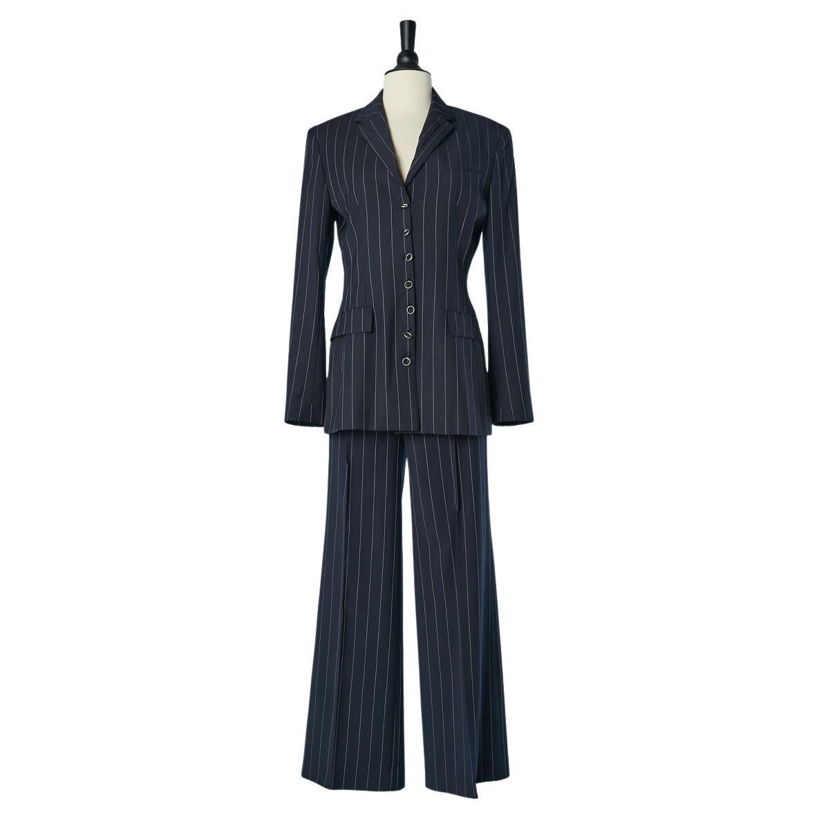 Navy blue pin-striped trouser-suit with piercing Jean-Paul Gaultier FEMME For Sale