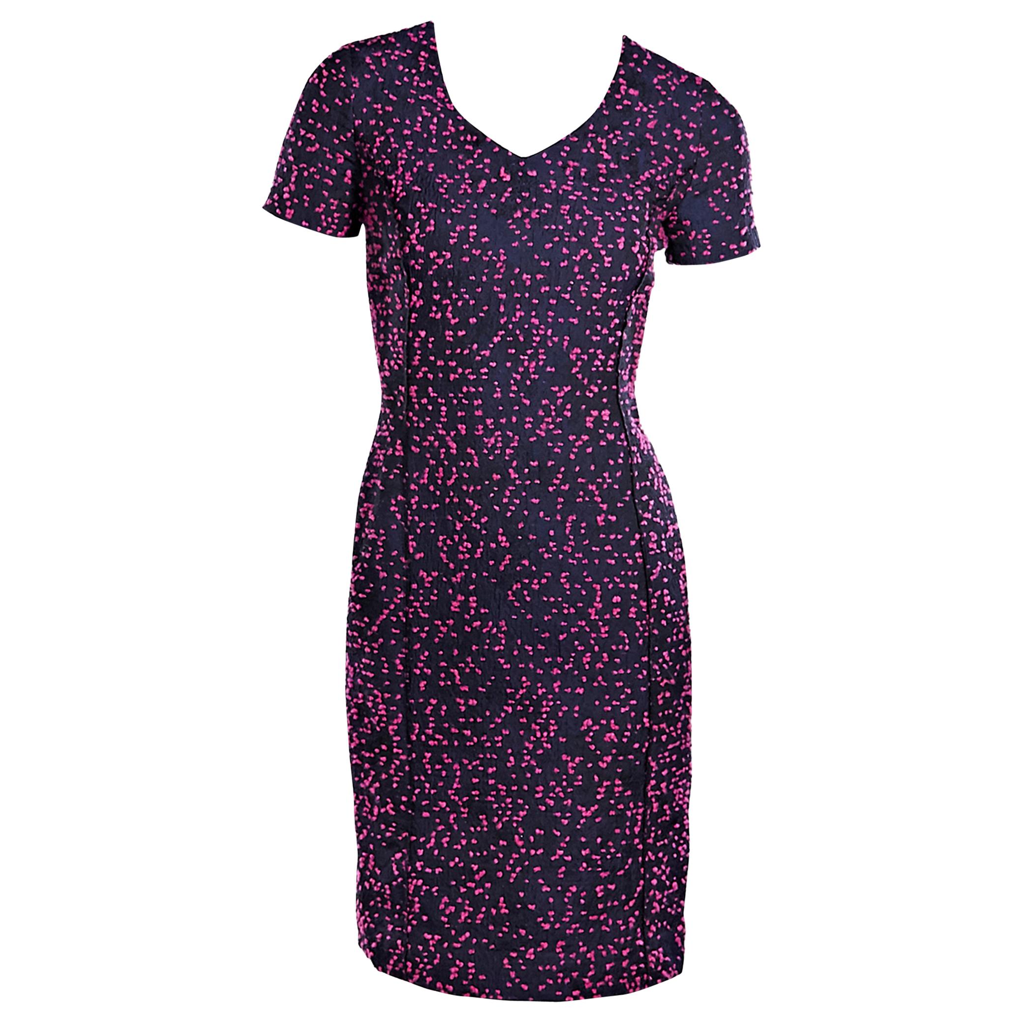 Navy Blue & Pink Oscar de la Renta Textured Sheath Dress